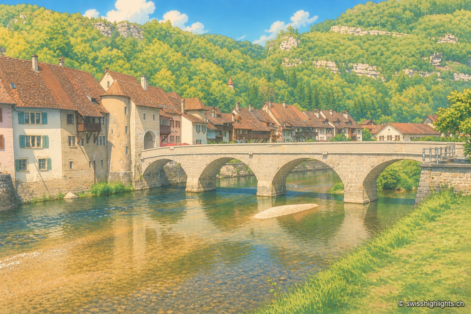 Le pont médiéval à plusieurs arches de Saint-Ursanne enjambe le Doubs aux eaux vertes, devant les maisons à toits de tuiles et la tour de la vieille ville, adossées à un coteau boisé du Jura.