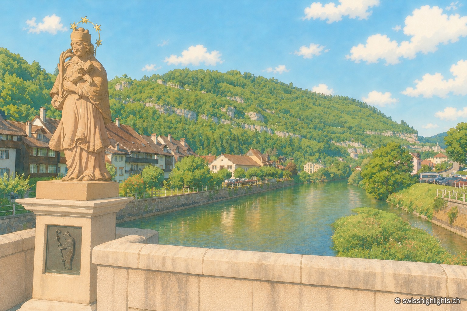 Sur le parapet du pont de Saint-Ursanne, une statue de grès rose de saint Jean Népomucène, auréolée d'étoiles dorées, se dresse de dos ; derrière elle le Doubs vert s'éloigne entre les maisons à toits de tuiles, à gauche, et une berge herbeuse, à droite, au pied d'un coteau boisé où affleurent des bandes de calcaire clair, sous un ciel d'été bleu parsemé de petits nuages.
