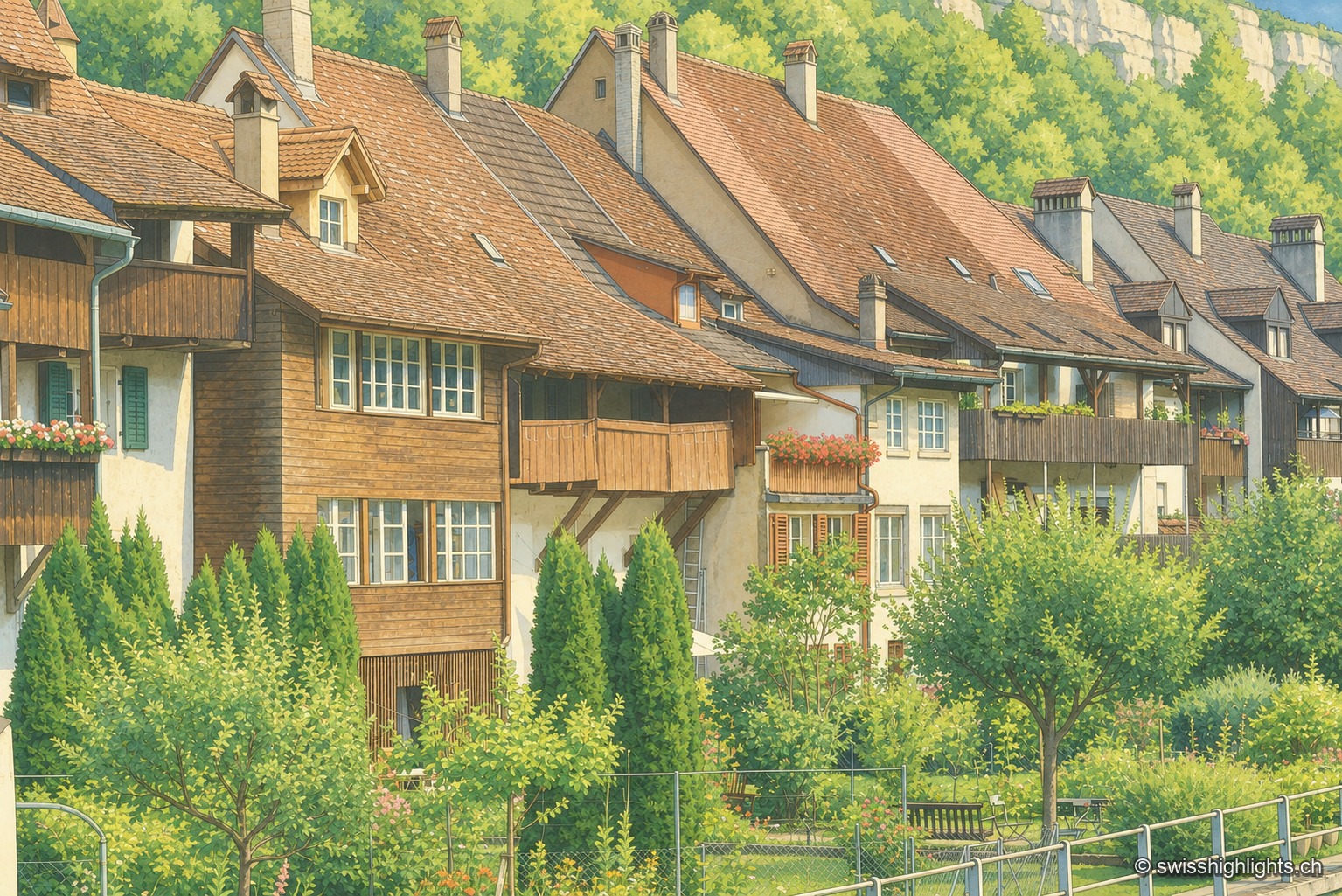 Une rangée continue de maisons anciennes de Saint-Ursanne, aux balcons de bois et jardins en bordure, sous une toiture ininterrompue de tuiles brunes.