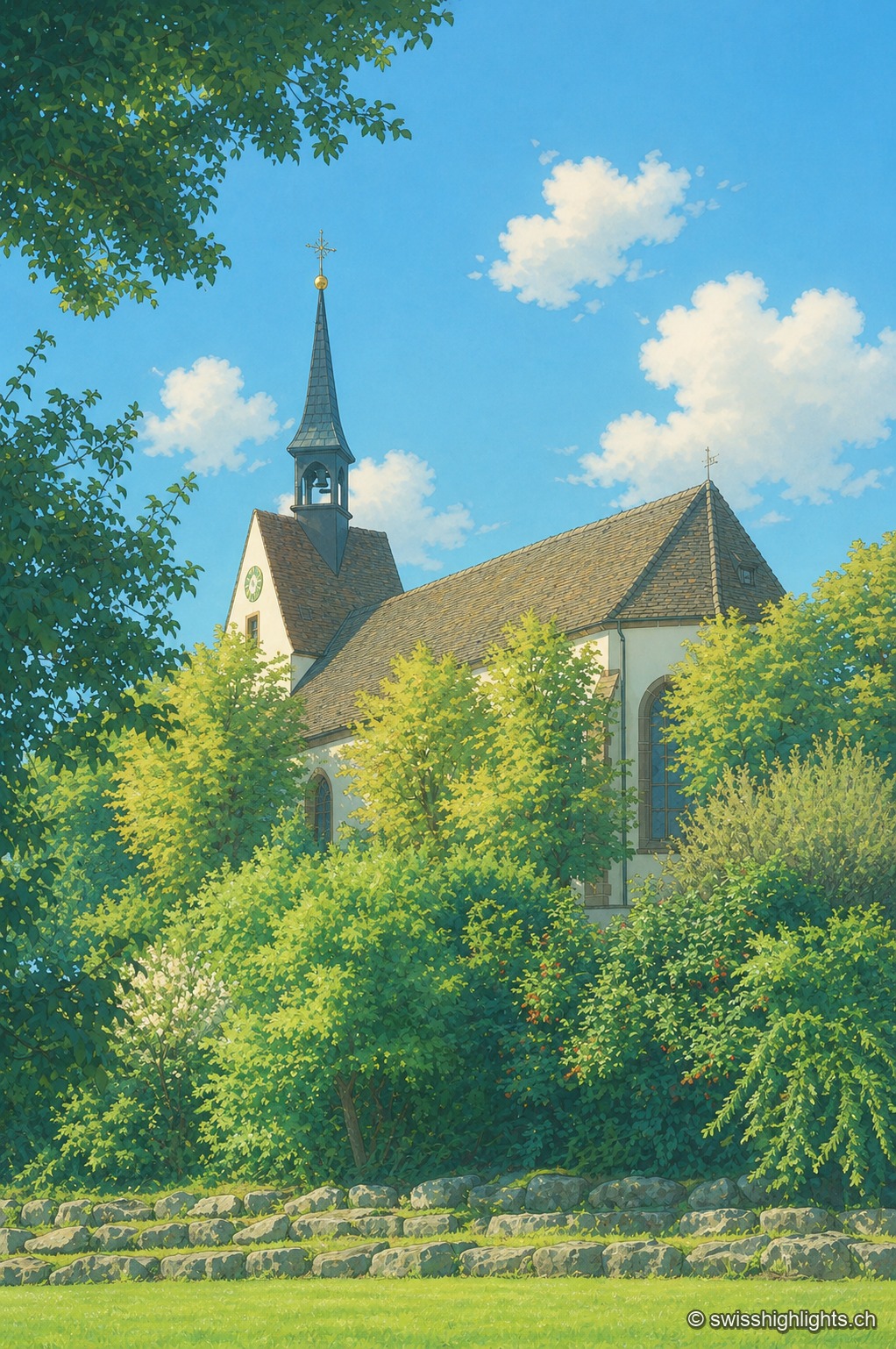L'église Sankt Chrischona vue à travers les frondaisons : sa flèche élancée surmontée d'une croix et sa nef à toiture de tuiles émergent d'un écrin d'arbres verdoyants, sous un ciel bleu ponctué de nuages.