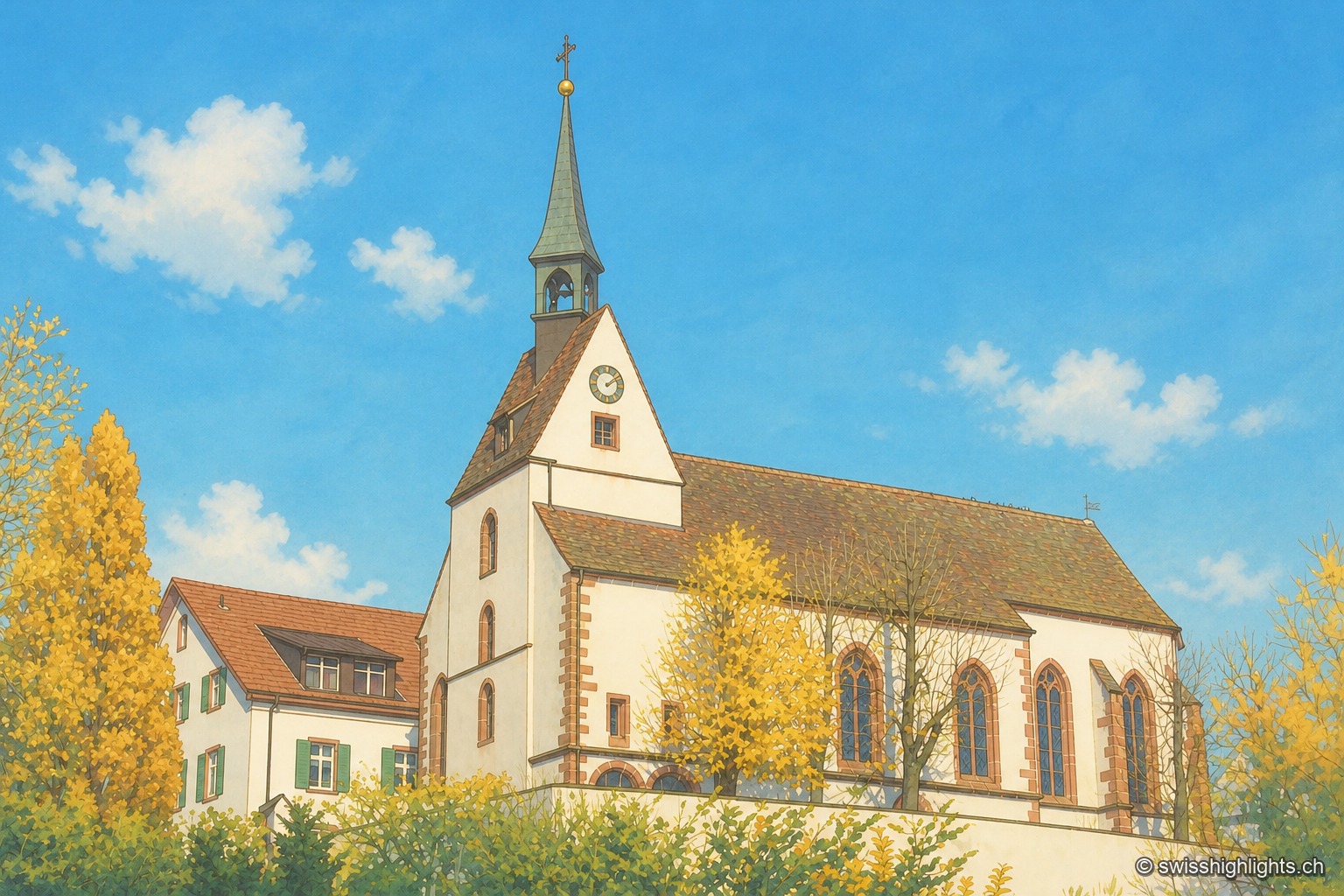 Vue rapprochée de l'église Sankt Chrischona en fin de journée d'automne : façade blanche, angles soulignés de pierre rougeâtre, haute flèche effilée surmontée d'une croix et d'une boule dorée, petit clocheton à cloche sous le toit à pignon. Un cadran d'horloge est visible sur le pignon. À gauche, une maison voisine au toit brun et volets verts ; au premier plan, des arbres aux feuilles roussissantes se détachent sur un ciel bleu profond sans nuages.