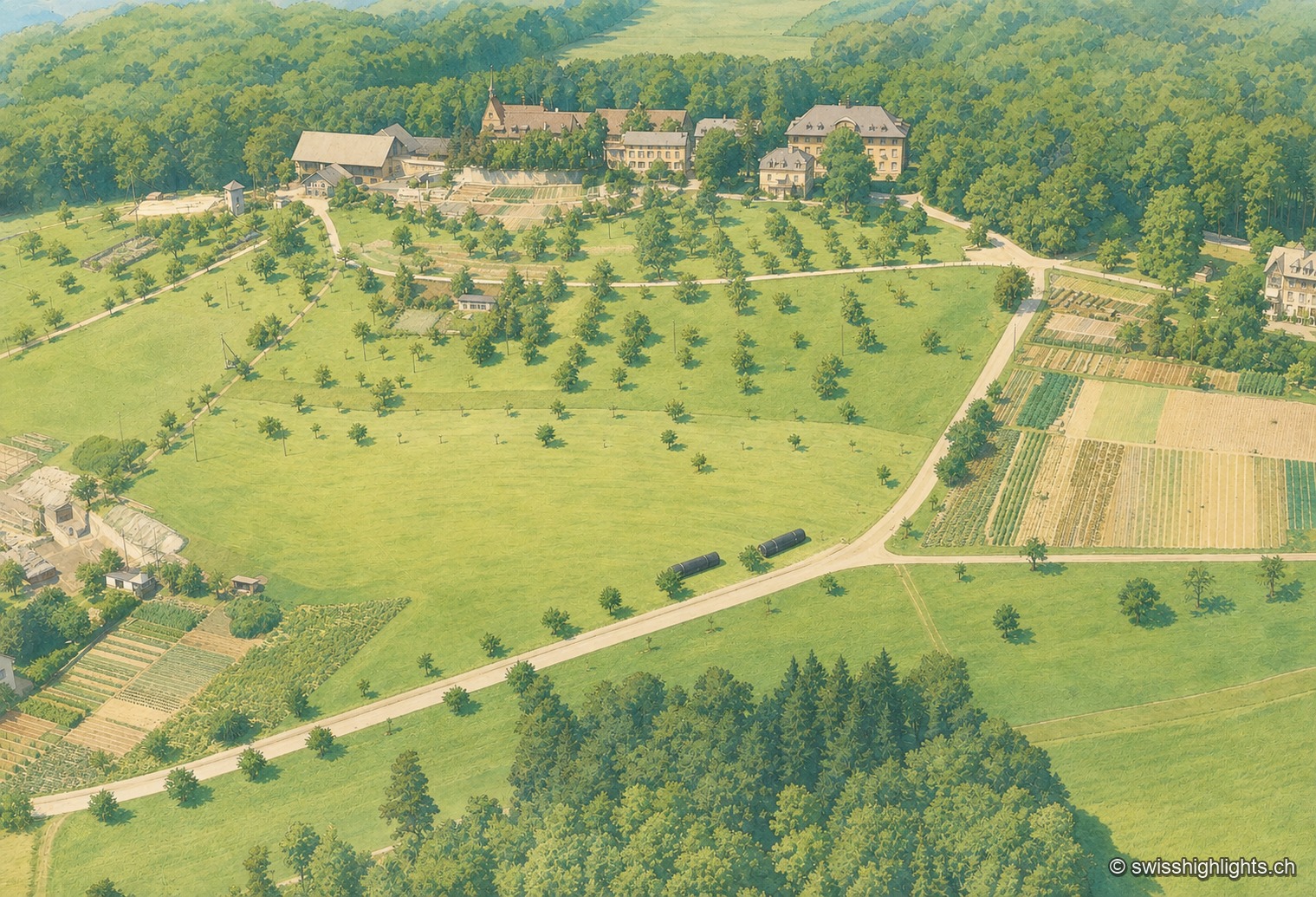 Vue aérienne historique colorisée du domaine de la mission de Sankt Chrischona, avec l'église et ses bâtiments environnants au sommet de la colline, sans la tour de télévision moderne.
