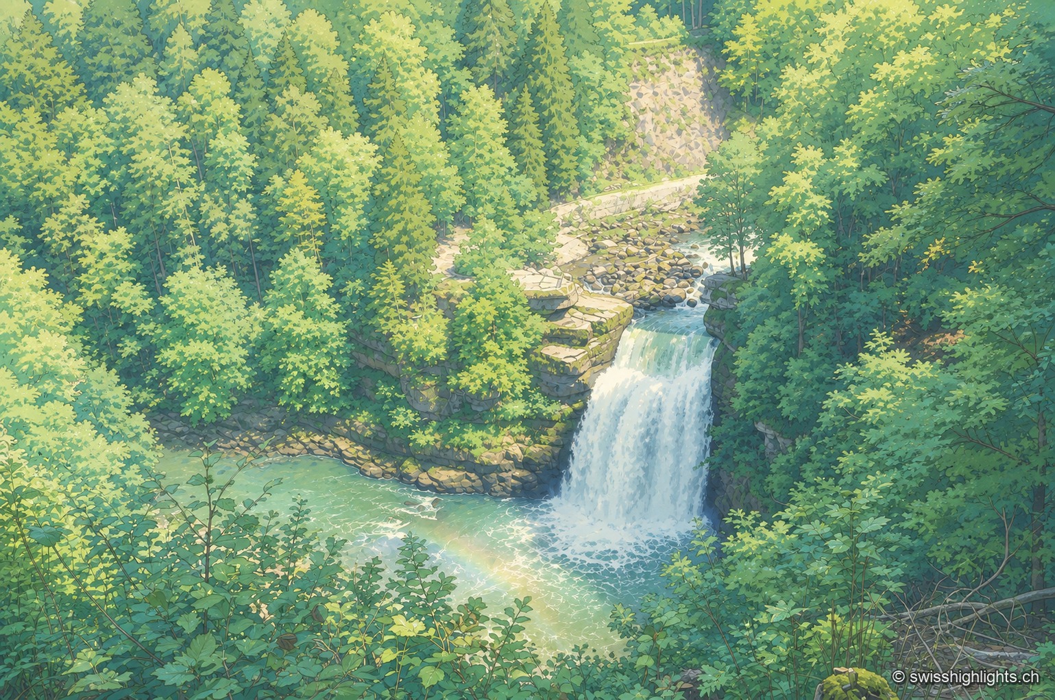 Vue plongeante et classique du Saut du Doubs, cerné de forêt dense : le Doubs se jette d'une falaise en une nappe blanche, un arc-en-ciel se forme dans les embruns au pied de la chute, et deux visiteurs se tiennent sur la passerelle d'observation à droite.