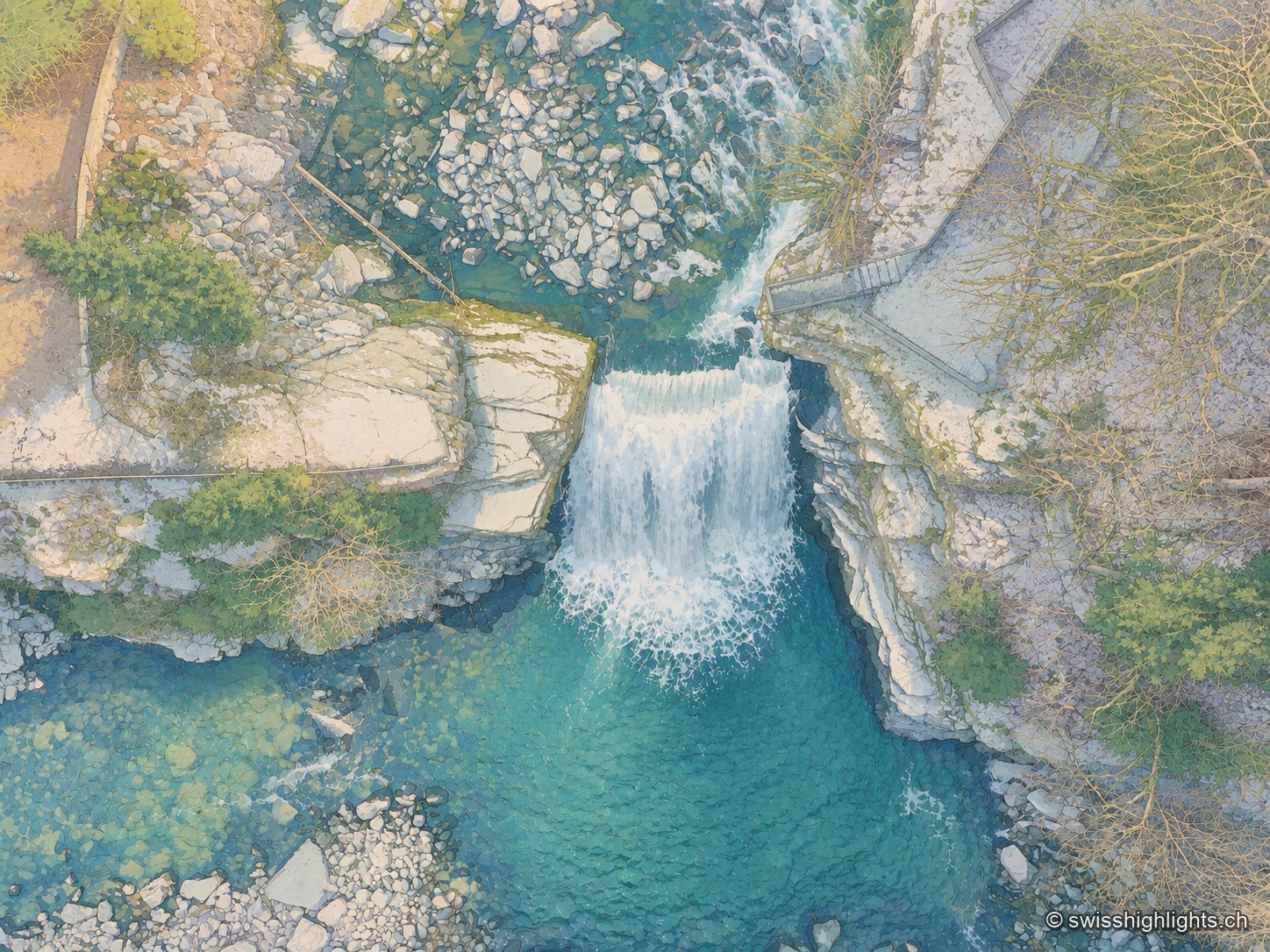 Vue aérienne du Saut du Doubs : le Doubs se précipite en fer à cheval entre des parois rocheuses claires, se jetant dans un bassin turquoise entouré de forêt.