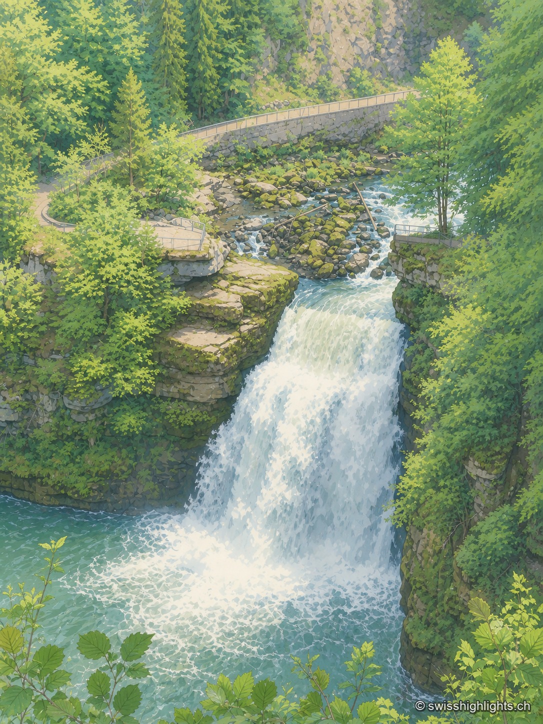 Vue portrait du Saut du Doubs depuis la gorge boisée : la cascade se déverse entre des parois rocheuses moussues, avec le cours d'eau qui serpente en amont parmi les arbres.
