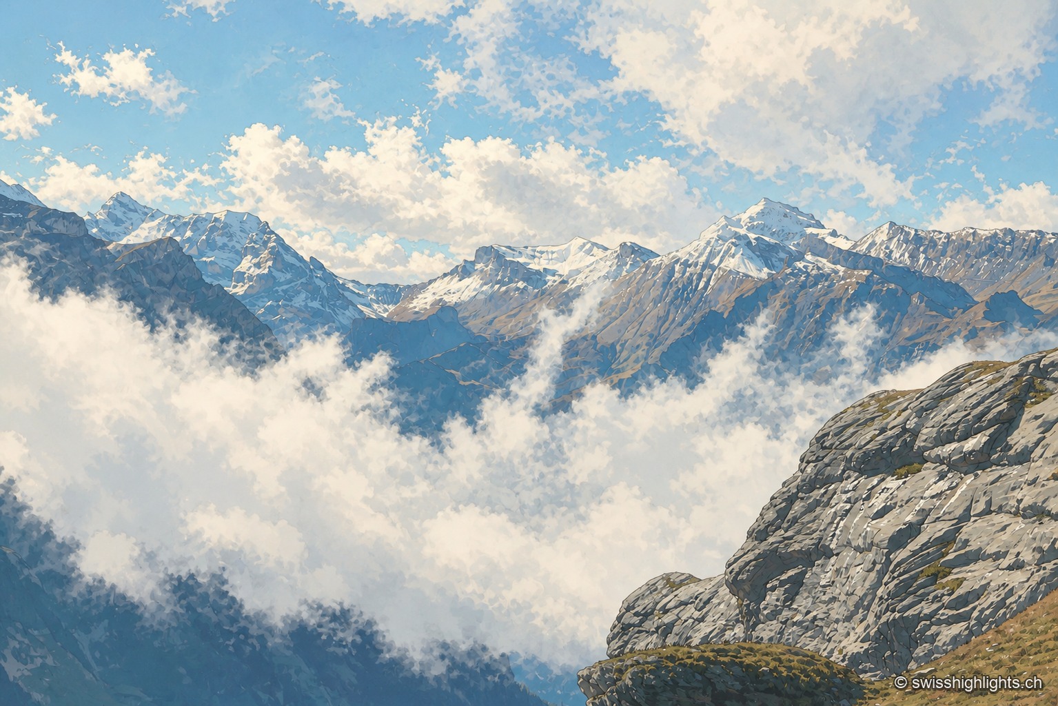 Depuis un éperon rocheux du Schilthorn, une mer de nuages remonte la vallée et se déchire, découvrant une chaîne de sommets enneigés sous un ciel bleu semé de nuages blancs.