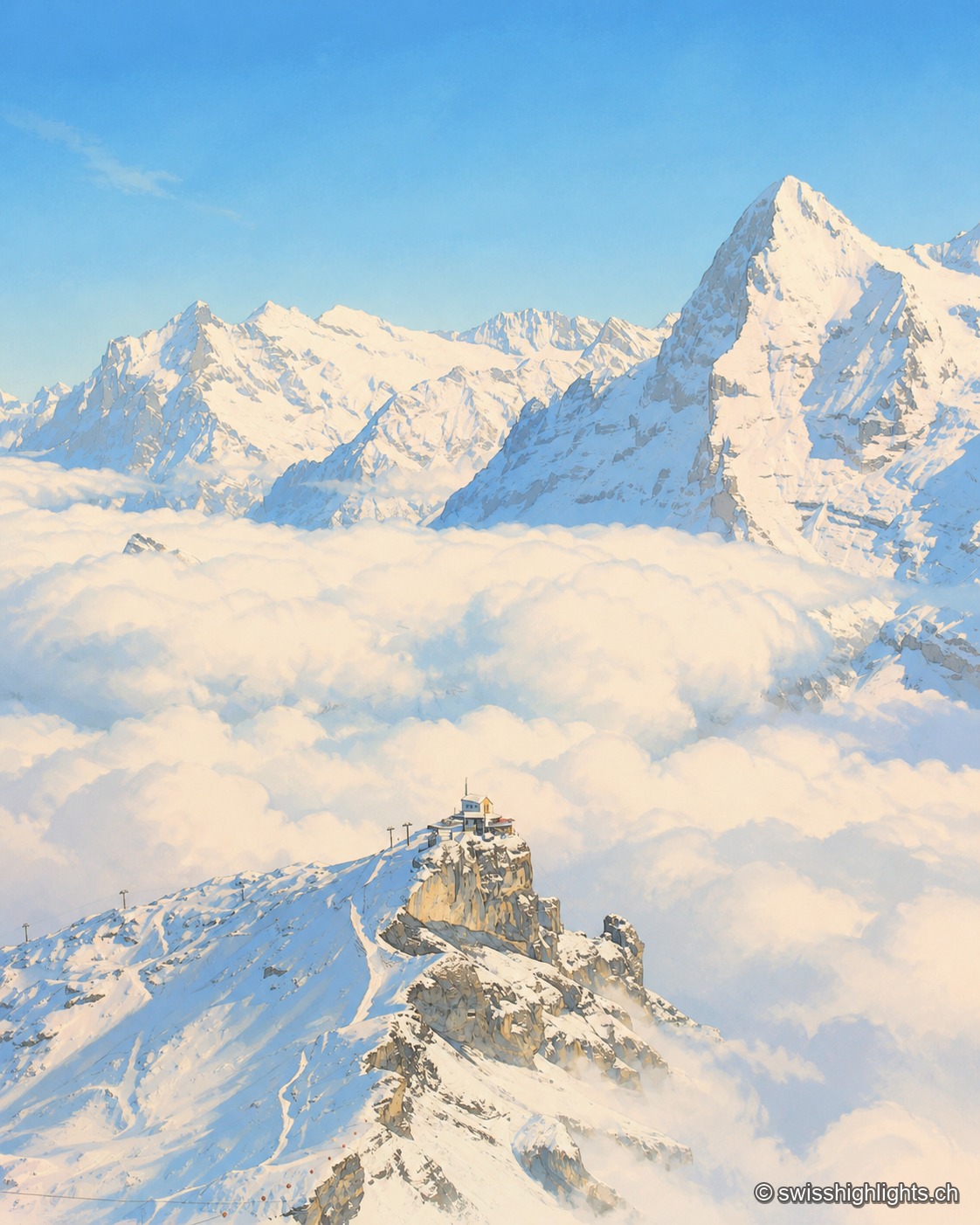 Vue portrait depuis le Schilthorn : un piton rocheux émerge d'une mer de nuages, face à des sommets alpins enneigés qui percent la brume.