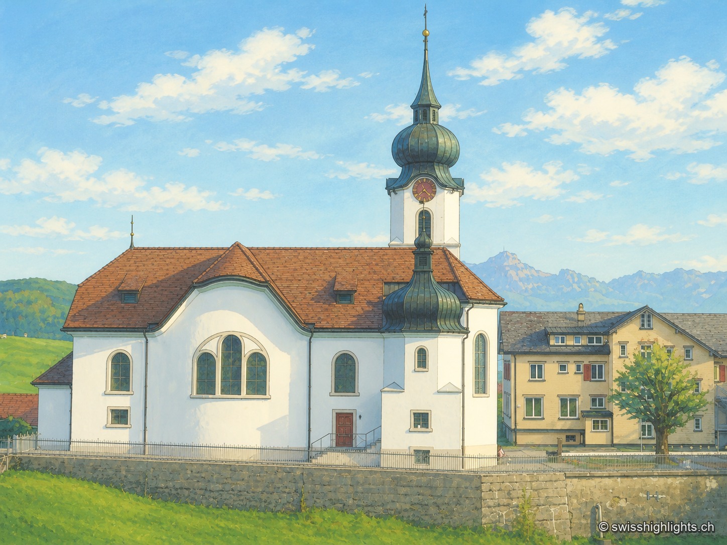 Vue rapprochée de l'église de Schlatt AI, à la tour élancée et au toit rouge, entourée de maisons du village sous un ciel dégagé.