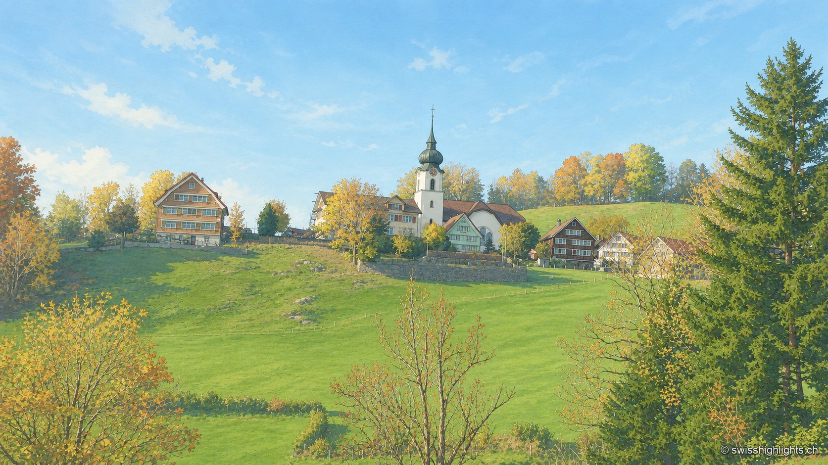 Vue large du village de Schlatt AI niché sur un coteau, entre prairies et arbres aux teintes automnales, avec l'église au centre du hameau.
