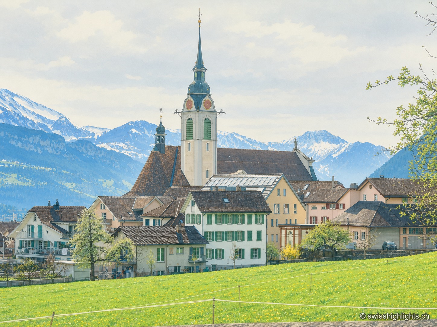 L'église paroissiale Saint-Martin de Schwyz, entourée de maisons traditionnelles, avec la chaîne alpine enneigée en arrière-plan.
