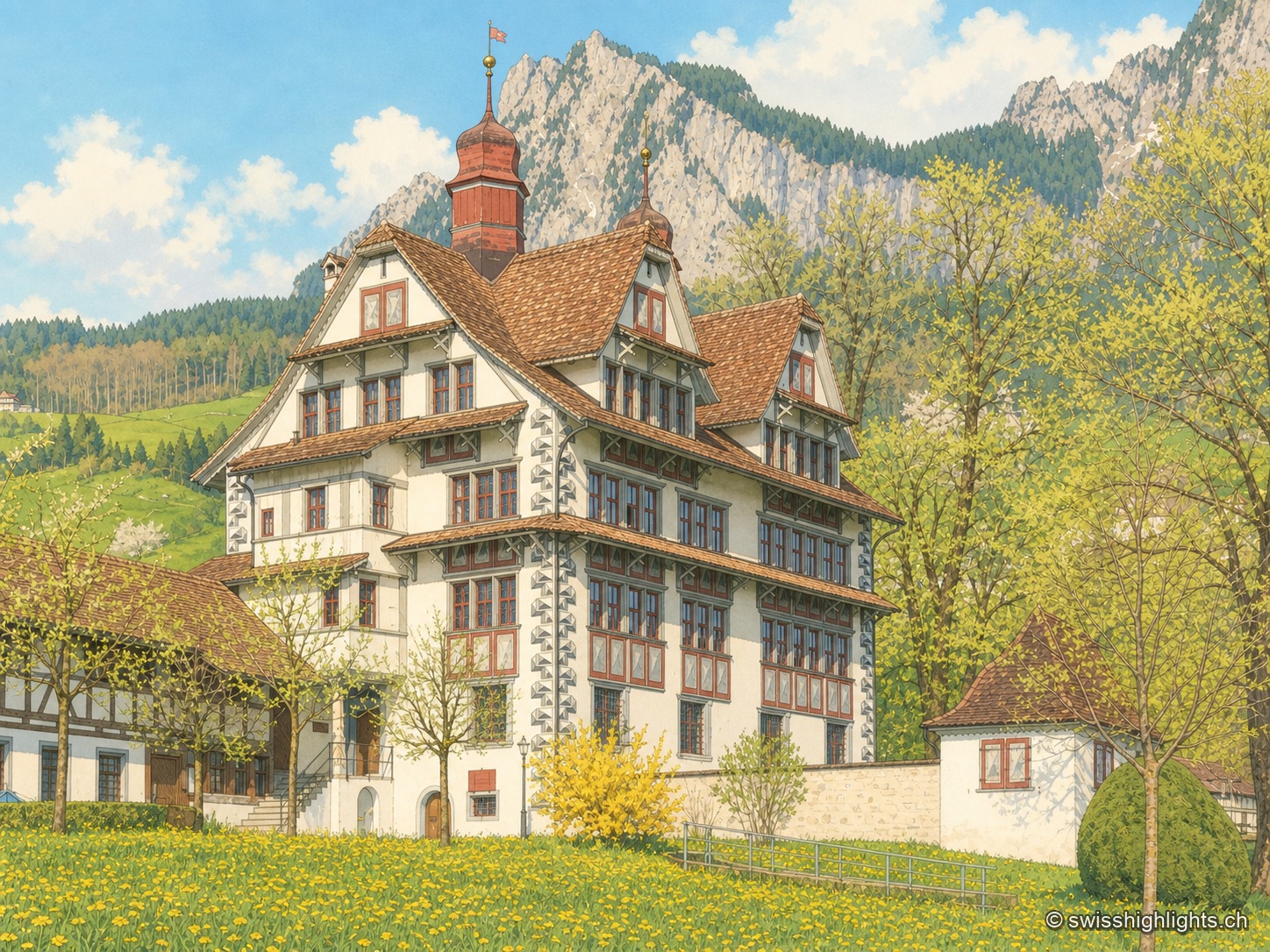 La Ital-Reding-Hofstatt de Schwyz, maison à colombages historique nichée entre prairies et arbres, avec les montagnes en toile de fond.
