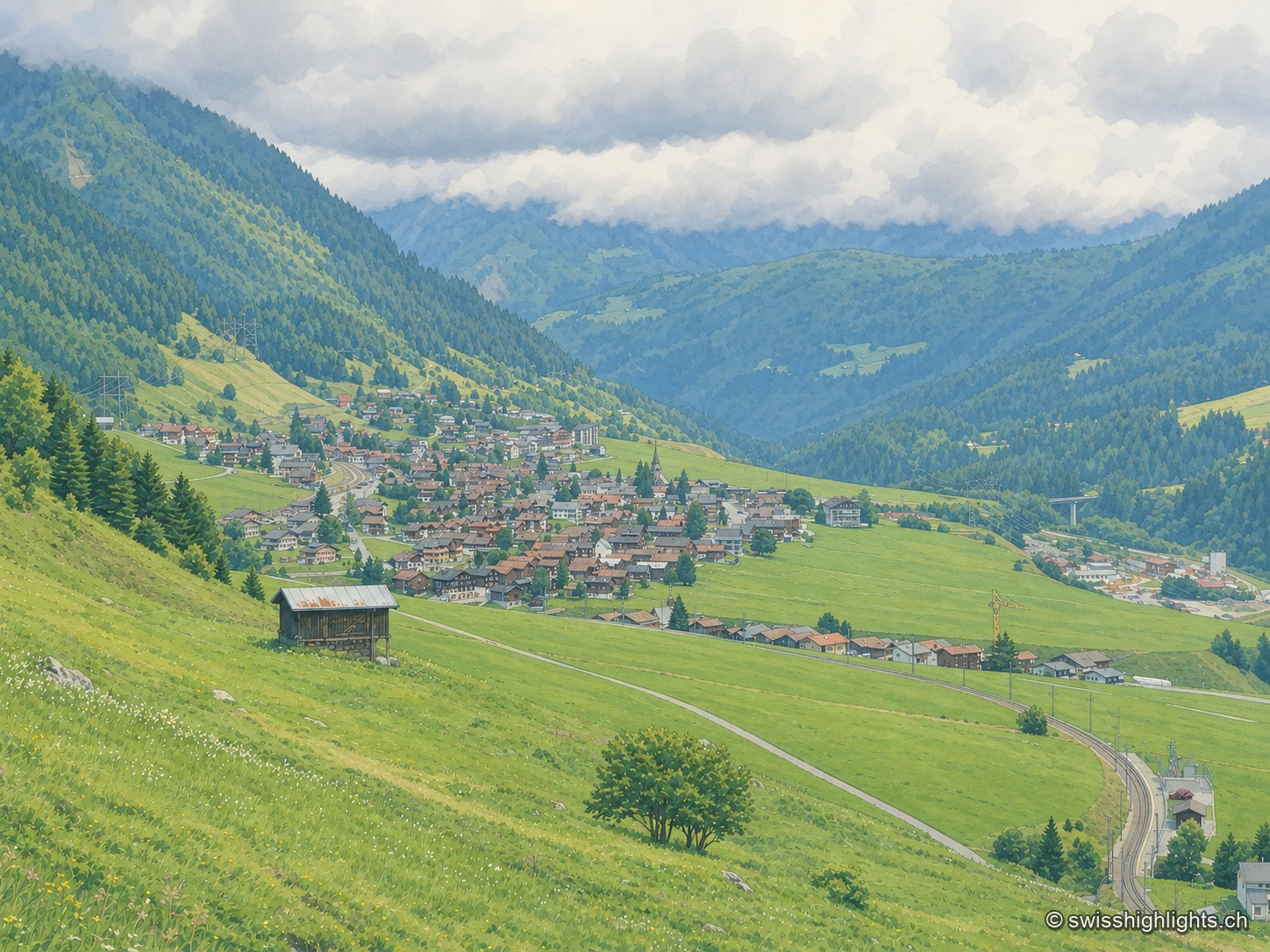 Vue large de la vallée de Sedrun : le village s'étend au creux d'une vallée verdoyante encadrée de montagnes boisées.