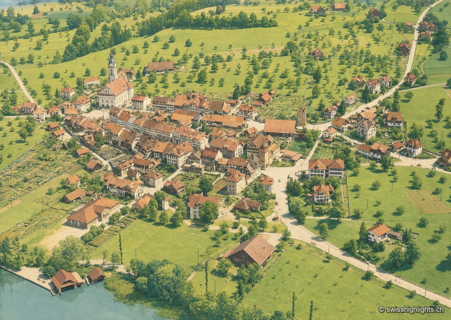 Vue aérienne historique colorisée de Sempach, village lacustre entouré de vergers et de champs, au bord du lac de Sempach.