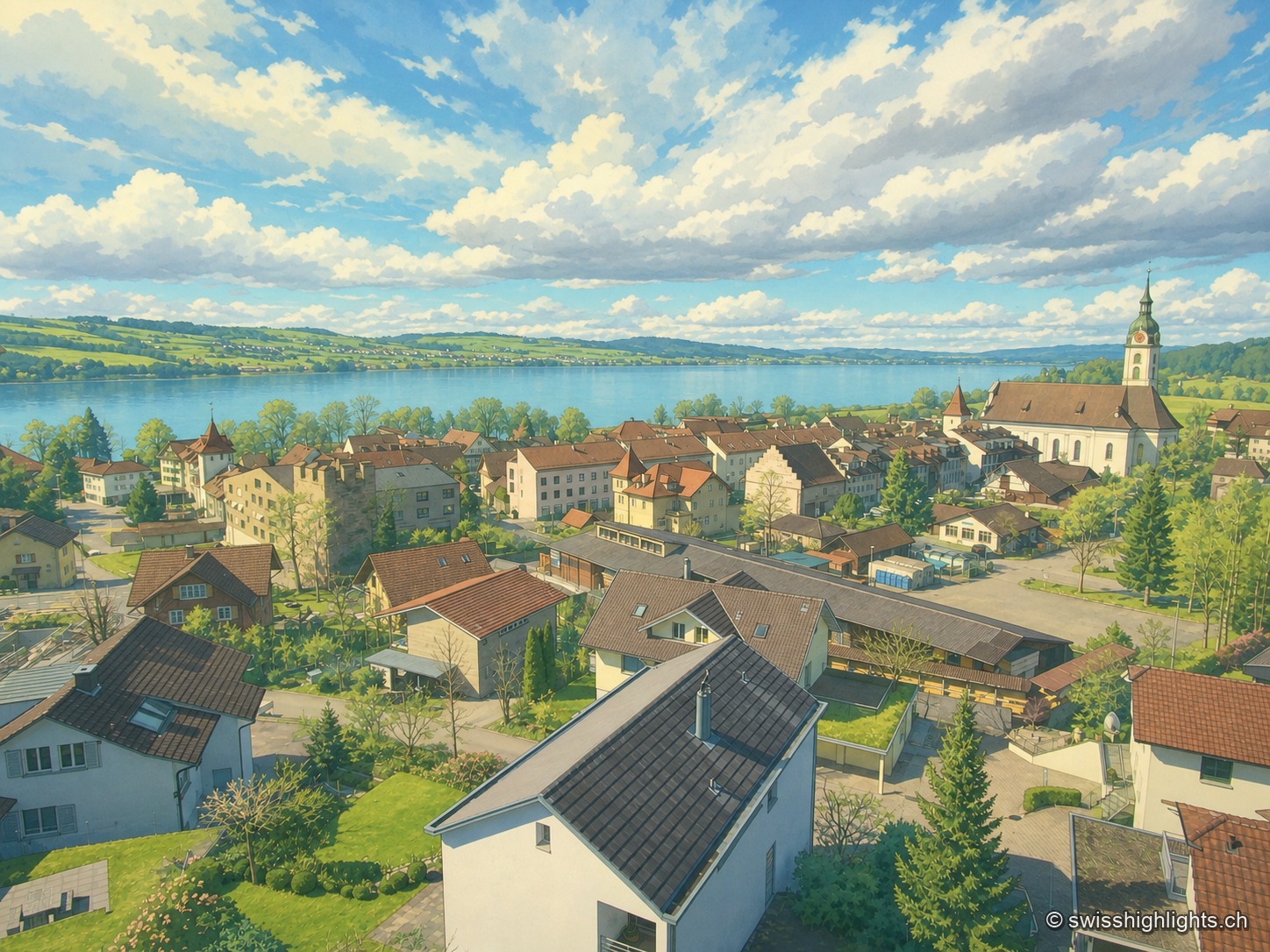 Vue surélevée sur Sempach au bord de son lac : les maisons aux toits bruns et le clocher de la ville s'étagent entre prés et vergers jusqu'au rivage, sous un ciel largement nuageux.