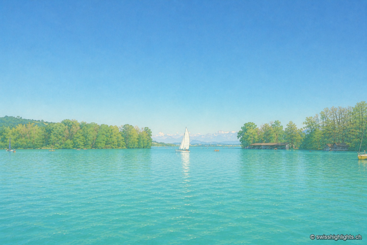 Un voilier glisse sur les eaux turquoise du lac de Sempach, bordé au loin par une rive boisée, sous un ciel bleu dégagé.