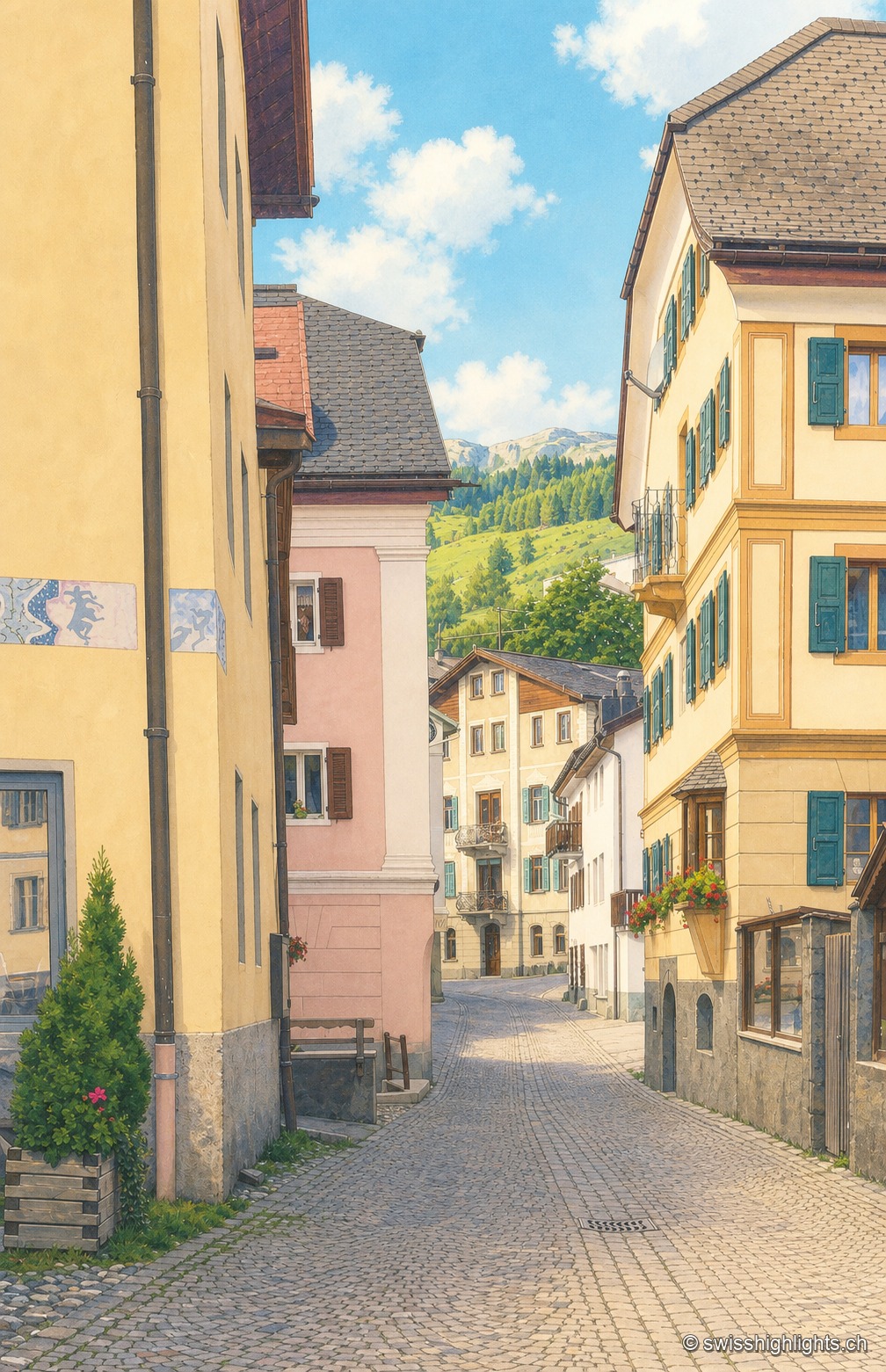 Une ruelle pavée de Sent serpente entre des façades engadinoises aux couleurs ocre, rose et jaune, sous un ciel bleu dégagé.