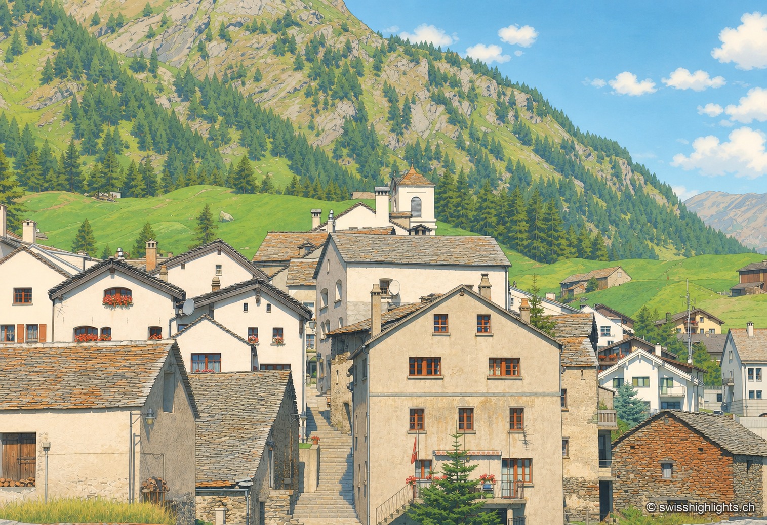 Les maisons de pierre de Simplon-Village s'égrènent sur un versant verdoyant, dominées par une crête boisée sous un ciel dégagé.