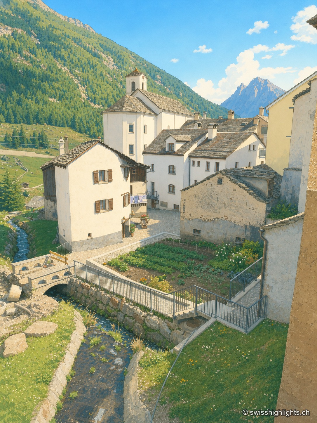 Une venelle de pierre entre les maisons de Simplon-Village longe un petit ruisseau, avec un aperçu des sommets environnants.