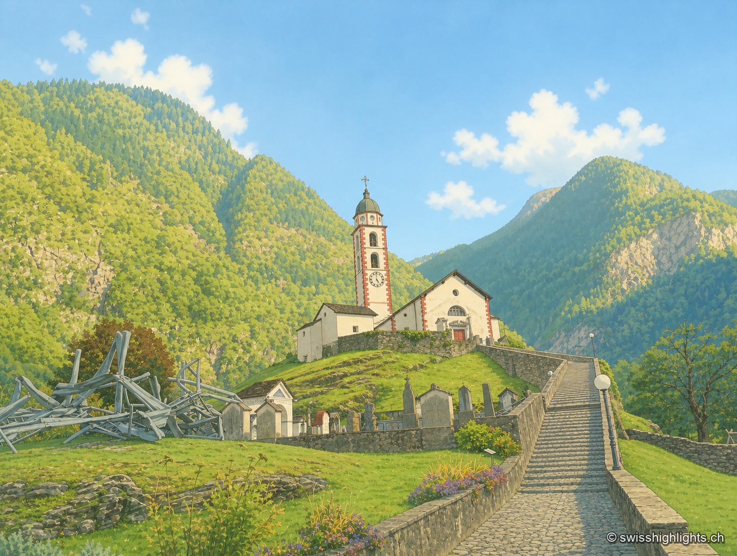 L'église de Soazza domine le village depuis son éperon herbeux, au sommet d'un escalier de pierre ; au premier plan, une structure de poutrelles métalliques est posée dans l'herbe, entre versants boisés et ciel dégagé.