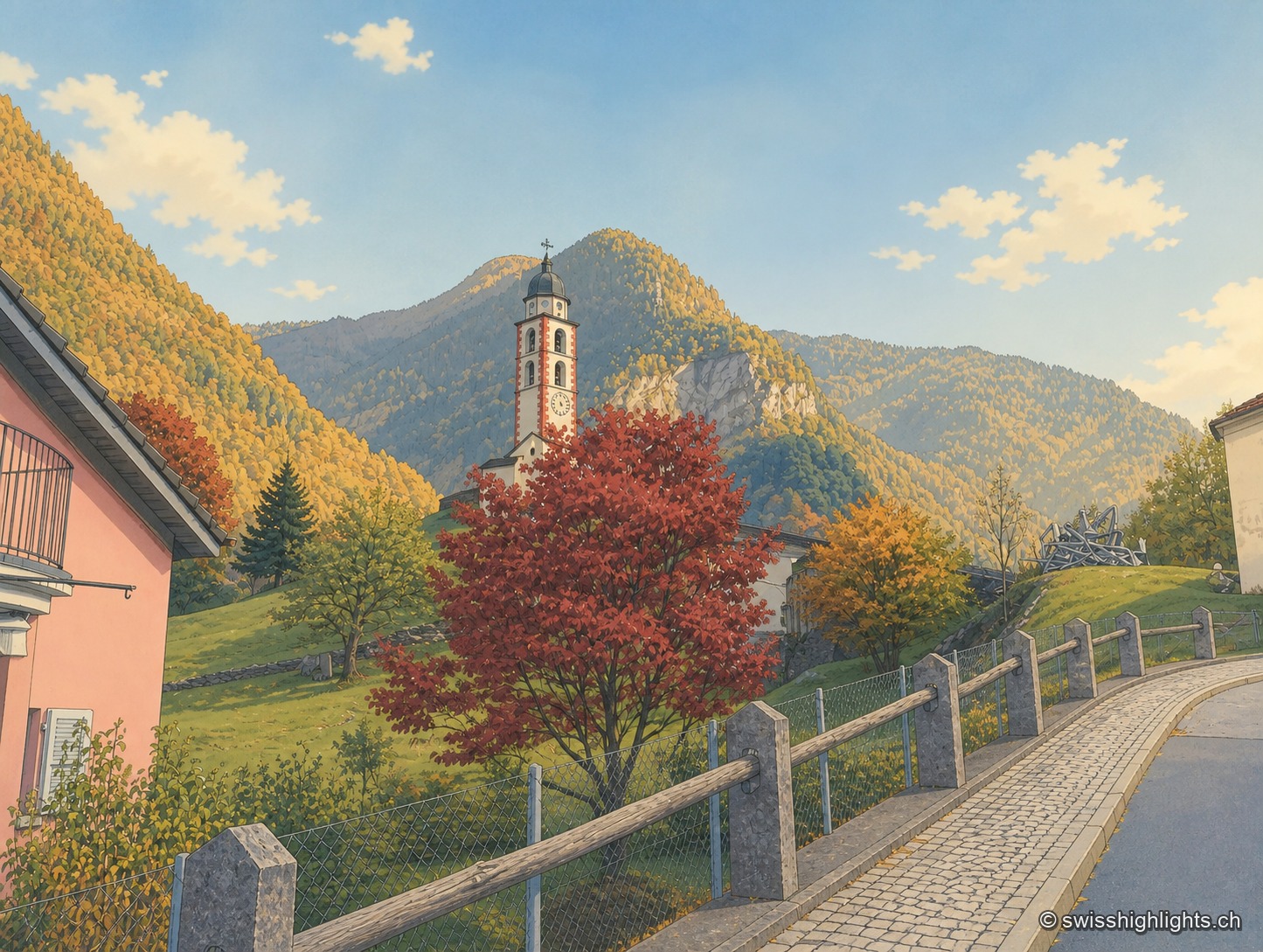 Le clocher de Soazza s'élève au-dessus d'un arbre aux feuilles rousses d'automne, en bordure d'une route bordée de murets, entre maisons et versants boisés.
