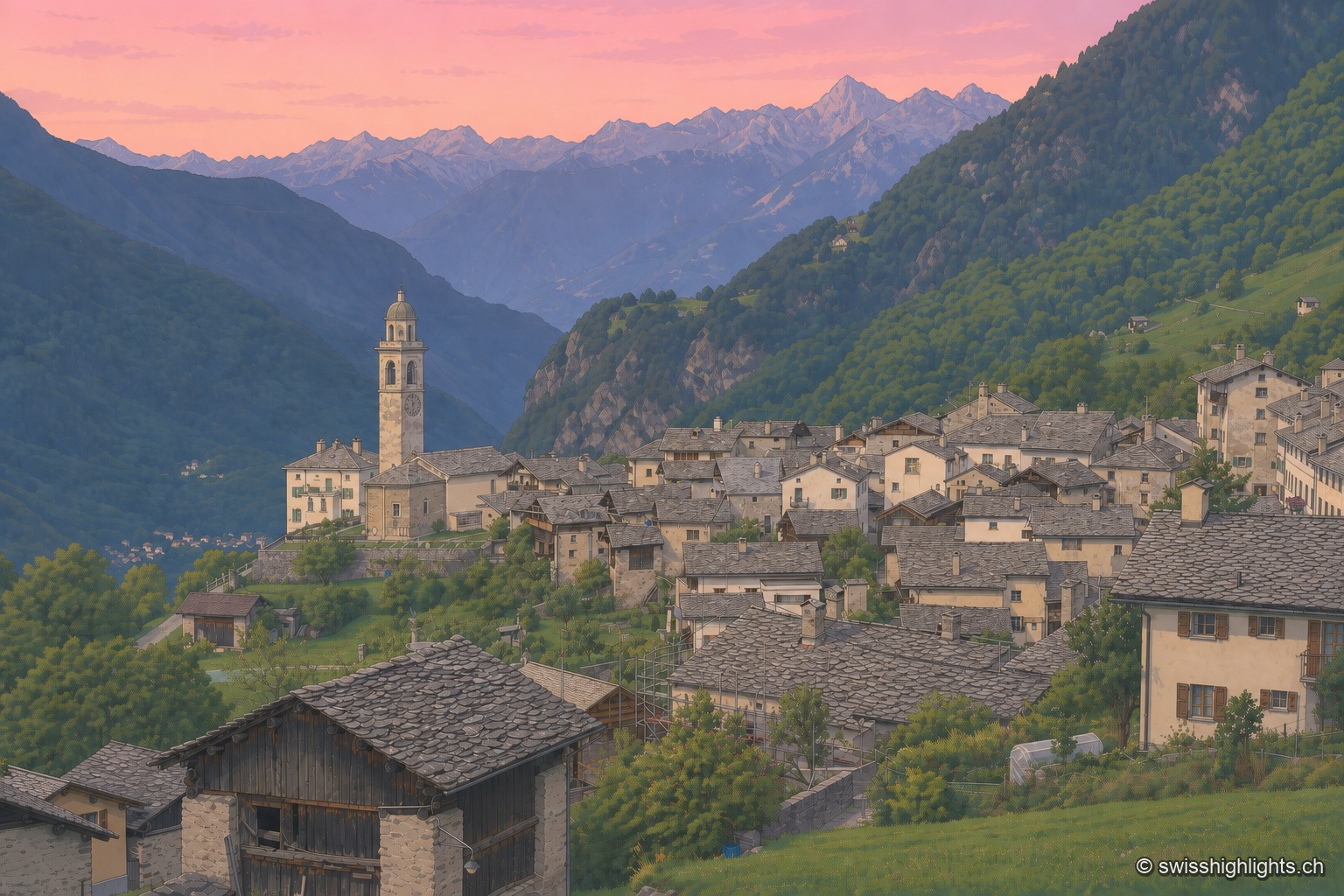 Vue surélevée sur les toits de pierre de Soglio et son clocher, sous un ciel rosé de fin de journée, avec les crêtes du val Bregaglia en arrière-plan.