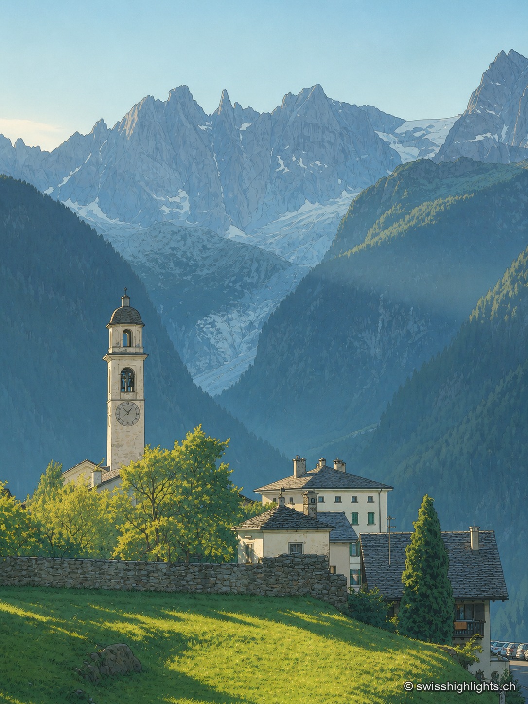 Le clocher de Soglio se détache devant les sommets acérés du val Bregaglia, au-dessus des toits du village et d'un pré verdoyant.