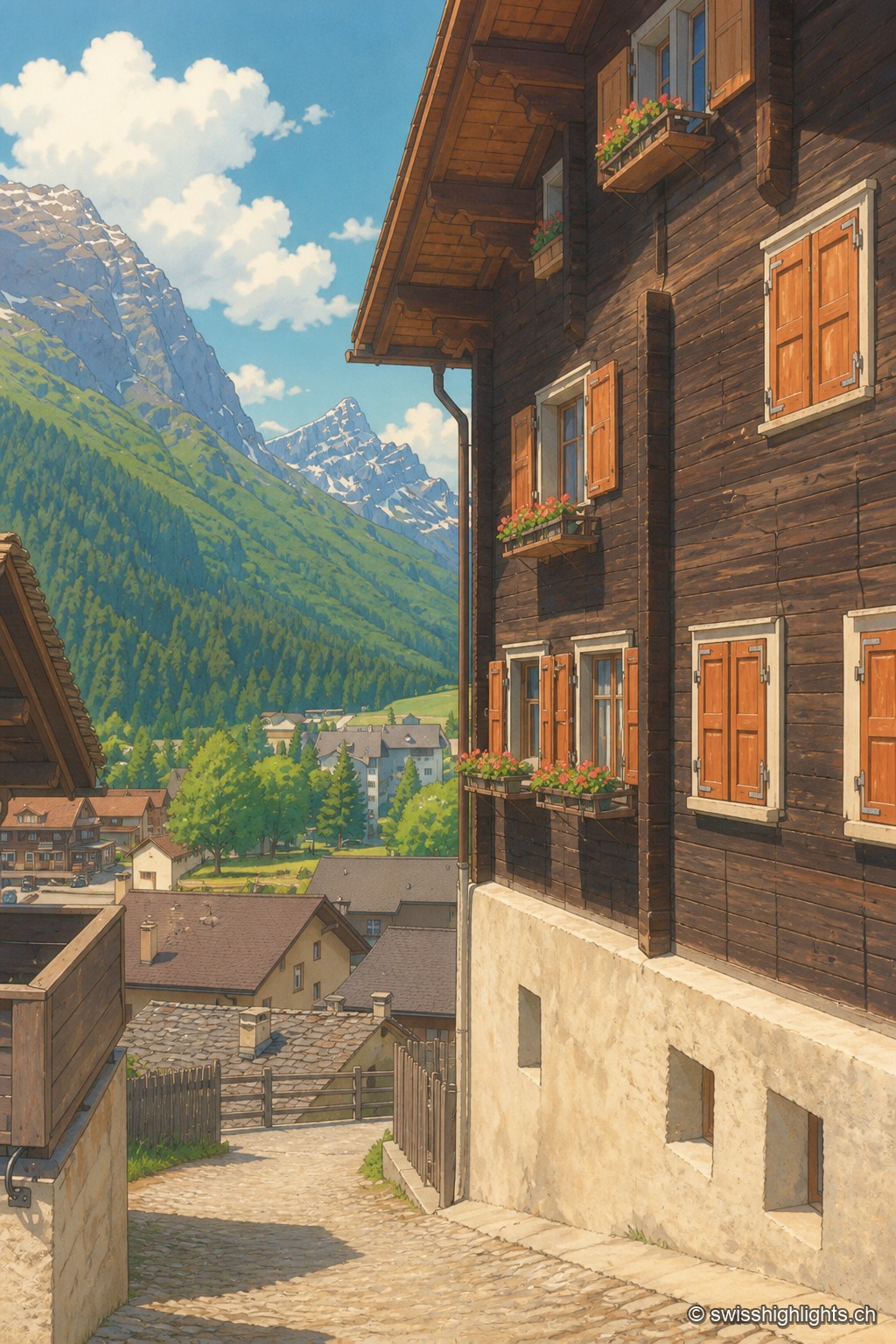 Façade en bois sombre d'un chalet de Splügen, aux volets orangés, avec la vallée encaissée et ses sommets boisés en arrière-plan sous un ciel bleu.