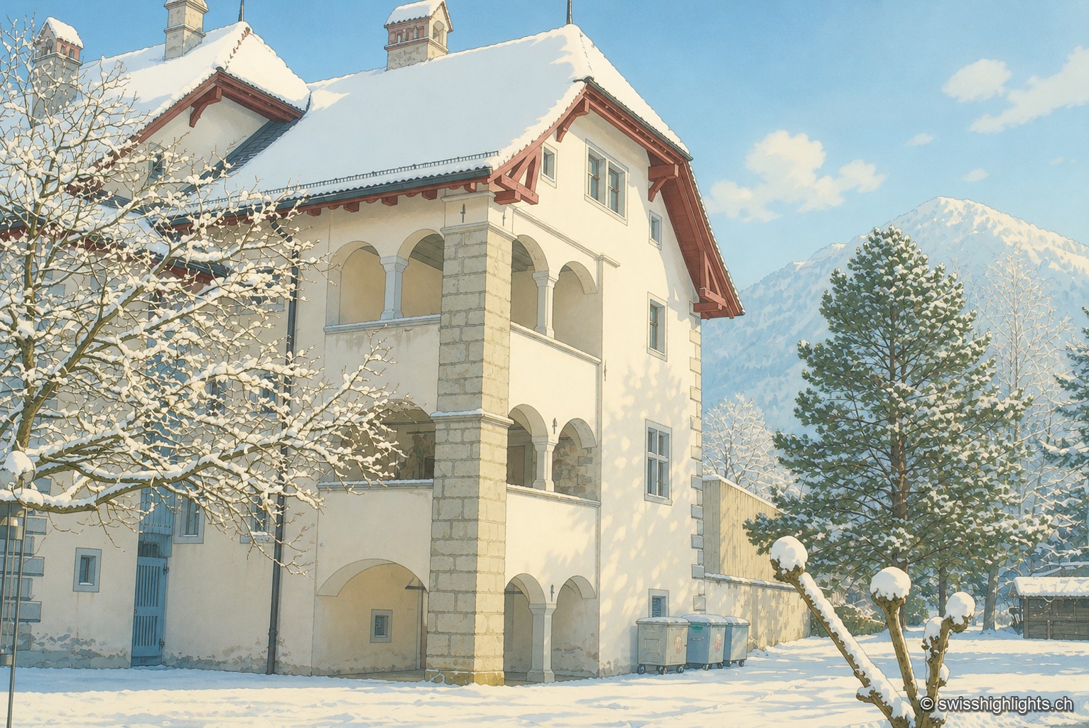 Le Winkelriedhaus de Stans sous la neige : façade crépie claire à trois niveaux de loggias en arcades et toit de tuiles rouges, entourée d'arbres chargés de neige, avec un sommet enneigé en arrière-plan sous un ciel bleu.