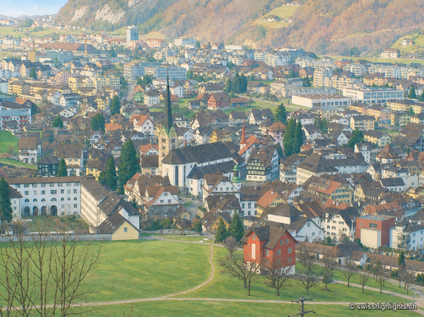 Vue plongeante sur le centre de Stans : les toits et le clocher de la ville s'étendent entre les collines, avec un pré et des arbres dénudés au premier plan.