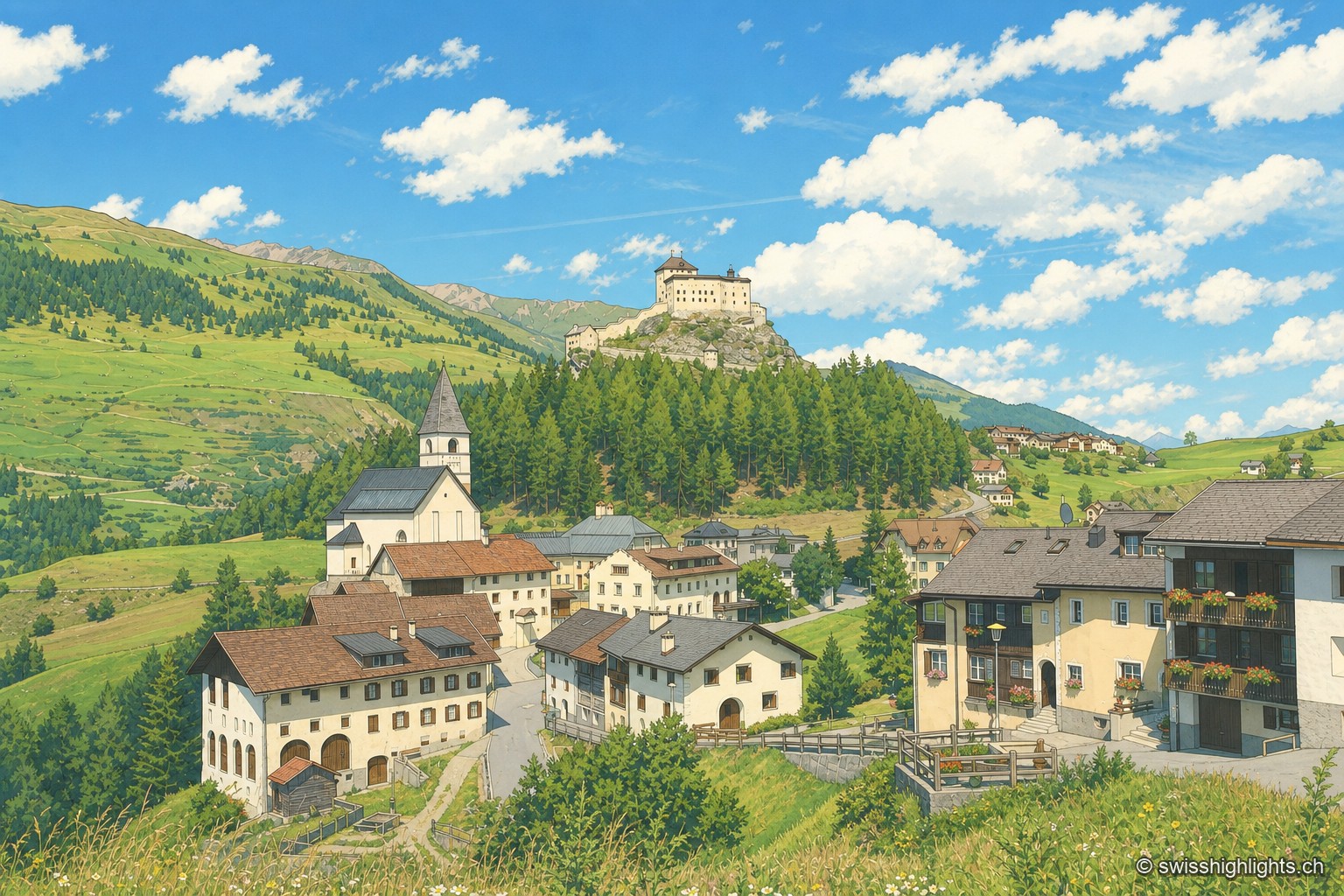 Le village de Tarasp, avec son clocher et ses maisons engadinoises, blotti au pied du versant boisé que couronne le château, sous un ciel bleu et nuageux.