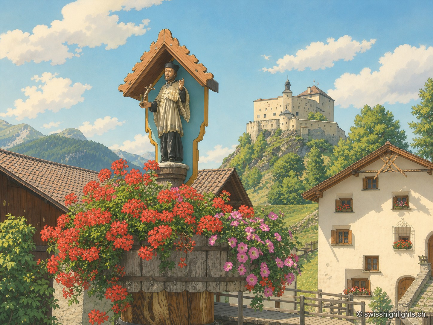 Une niche à statue de saint, coiffée d'un petit toit de tuiles et entourée de géraniums rouges et roses, orne l'angle d'une maison de Tarasp ; le château se détache au loin sur son éperon boisé, entre chalet et bâtisse engadinoise.