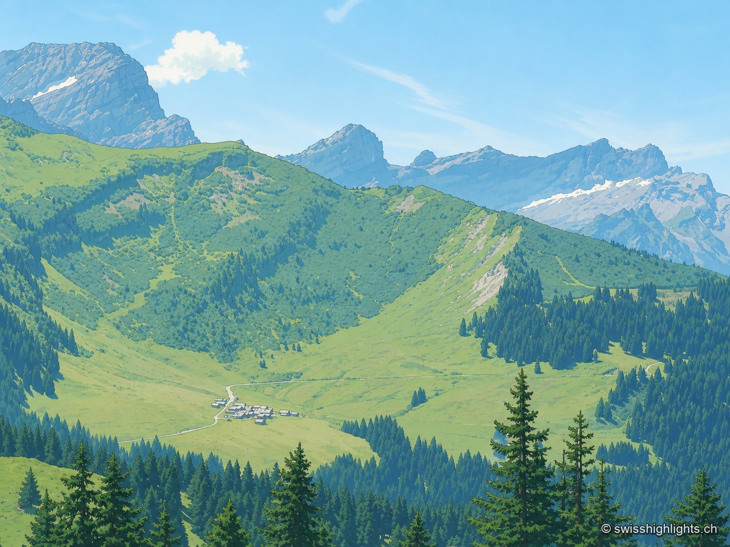 Vue large sur les alpages au-dessus de Taveyanne : de vastes pentes vertes montent vers des sommets rocheux, avec un hameau blotti dans la vallée en contrebas et des sapins au premier plan.