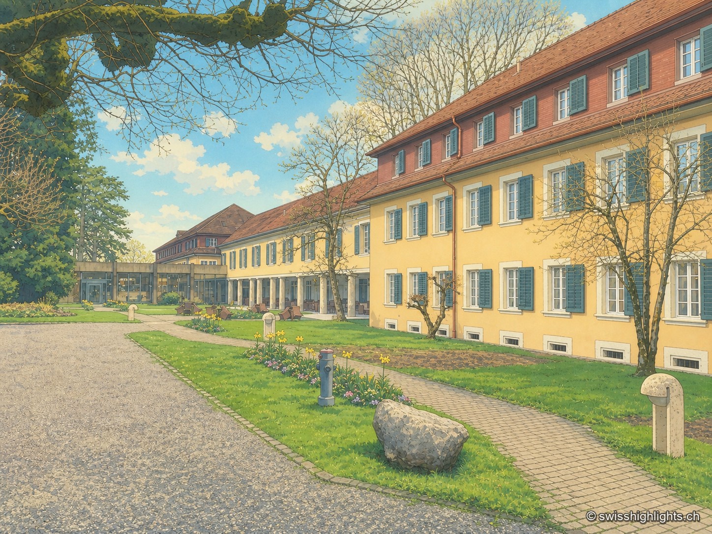 Vue latérale du bâtiment ocre des Thermes de Schinznach, bordé d'une allée d'arcades et d'un jardin en pelouse, avec ses volets bleu-gris.