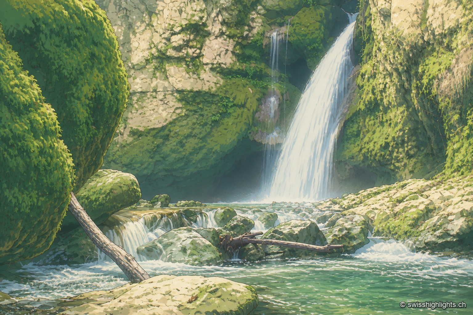 La cascade de la Tine de Conflens se déverse entre des parois moussues, au creux d'un cirque encaissé où l'eau blanche tranche sur la roche et la végétation sombre.