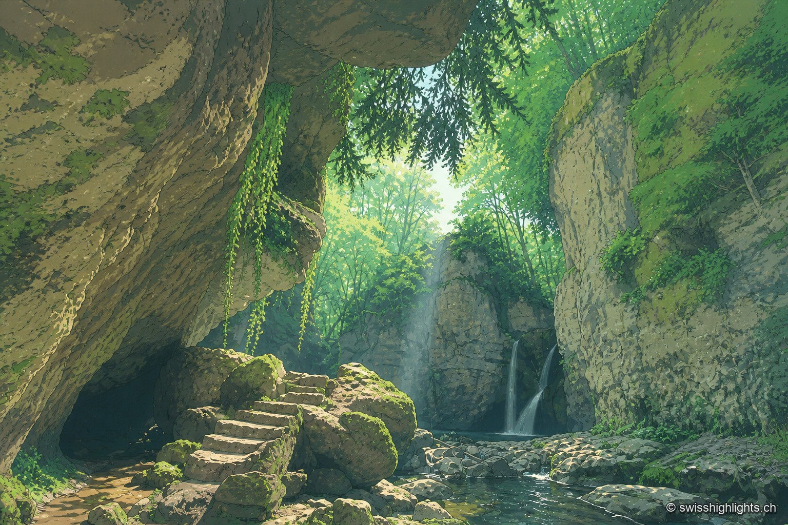 Un rayon de lumière perce l'ombre de la gorge de la Tine de Conflens, encaissée entre deux parois rocheuses couvertes de mousse et de végétation, jusqu'à une petite cascade et un escalier de pierre au fond du cirque.
