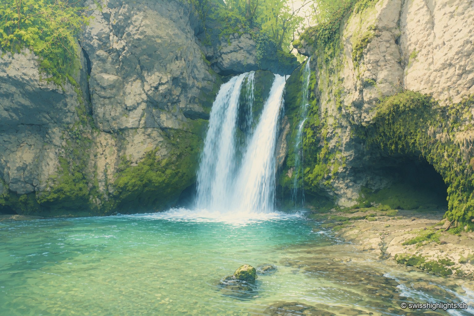 Une double cascade se déverse d'une paroi de roche moussue et végétalisée dans un bassin turquoise entouré de blocs couverts de mousse ; à droite, une cavité sombre s'ouvre dans la roche.