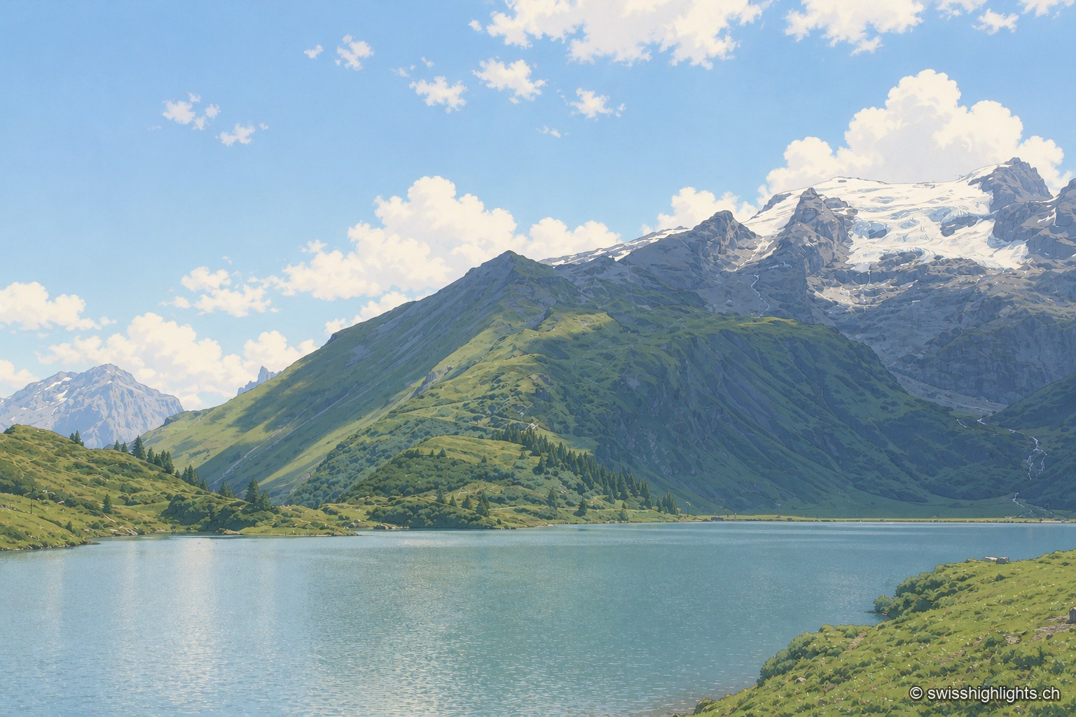 Le lac de Trübsee, aux eaux turquoise, borde une rive herbeuse au pied d'un versant verdoyant ; au fond, les sommets enneigés du massif du Titlis se découpent sous un ciel nuageux.