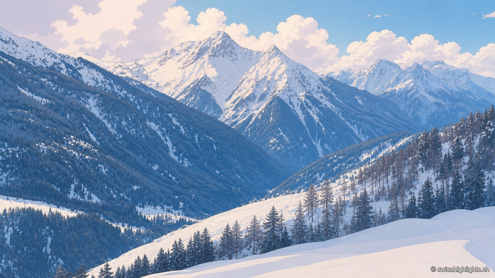 Vue hivernale d'une vallée alpine près de Tschlin : des sommets enneigés se dressent au-dessus de versants boisés, avec des sapins couverts de neige au premier plan sous un ciel parsemé de nuages.
