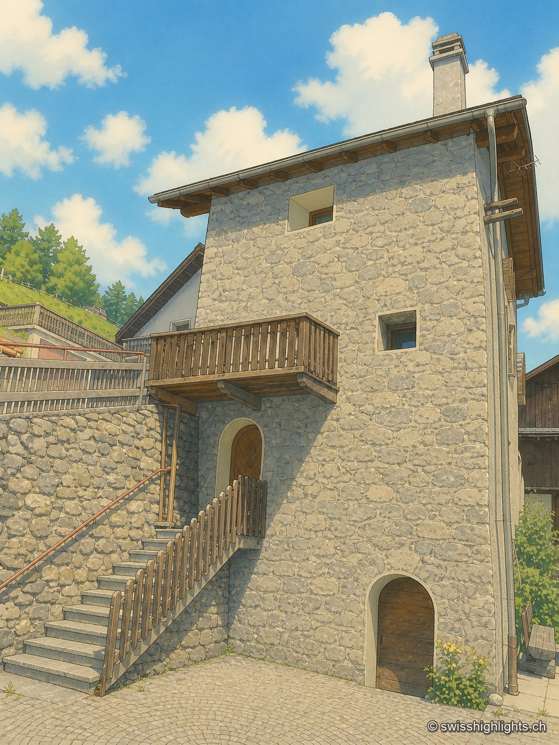 Une maison de pierre brute du village de Tschlin, avec son balcon de bois et son escalier de pierre extérieur menant à la porte d'entrée voûtée.