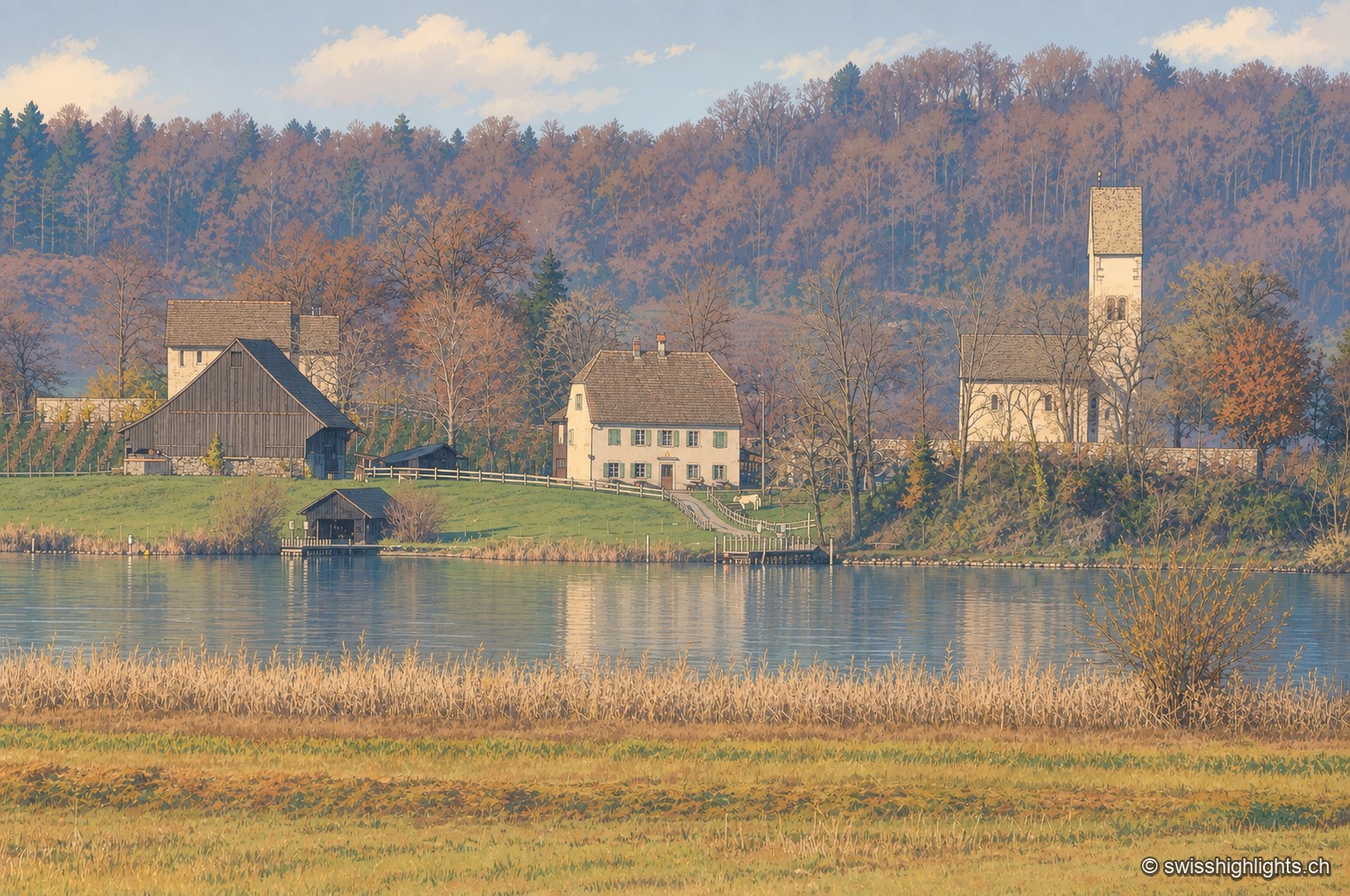 Sur la rive du lac de Zurich, une grange à colombage sombre et une maison de maître blanche voisinent le clocher-porche roman de l'église d'Ufenau, entourés d'arbres aux couleurs automnales et de roseaux au premier plan.