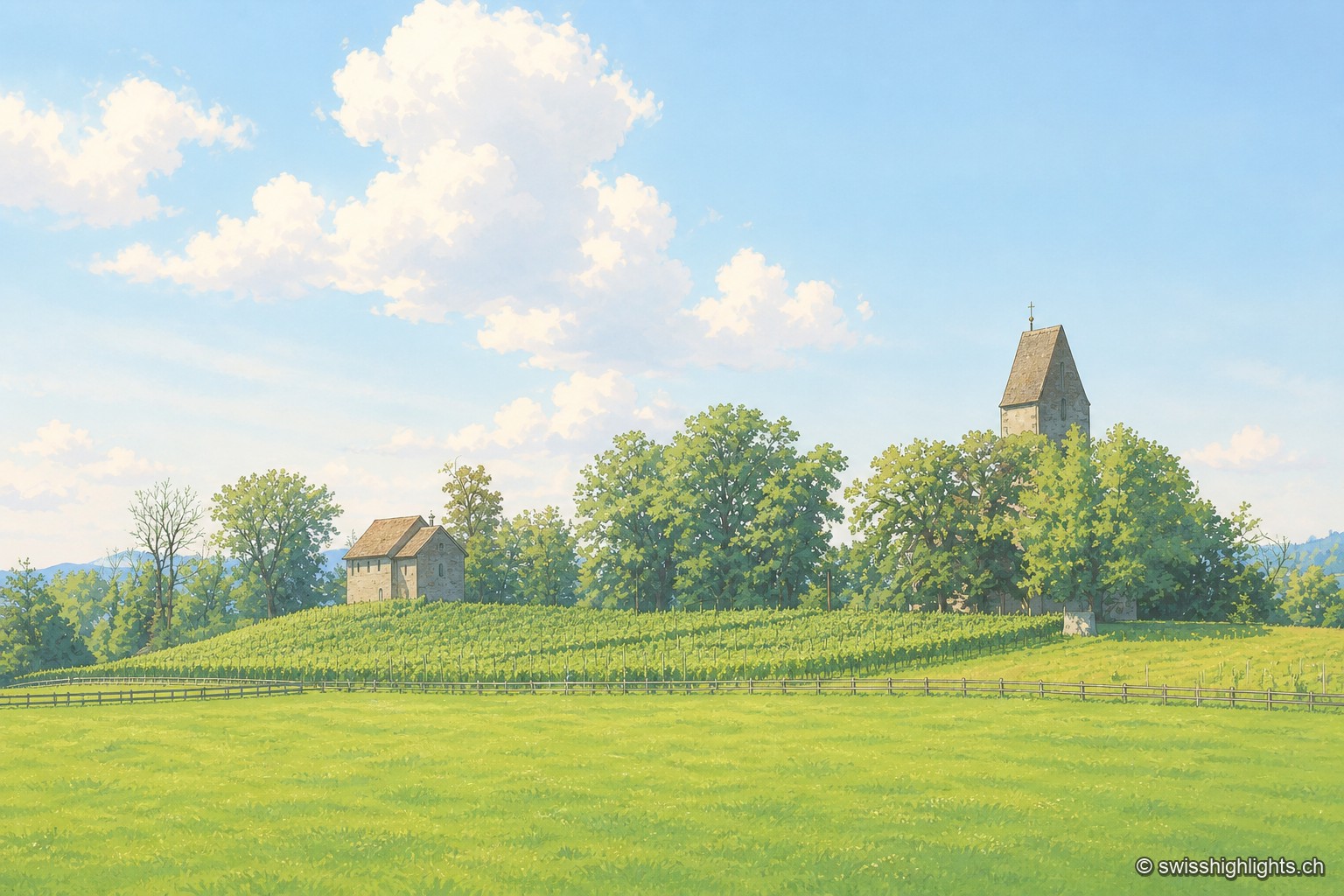 La chapelle romane d'Ufenau, entourée d'arbres, s'élève au bord d'un pré bordé d'une vigne, sous un ciel bleu parsemé de nuages.