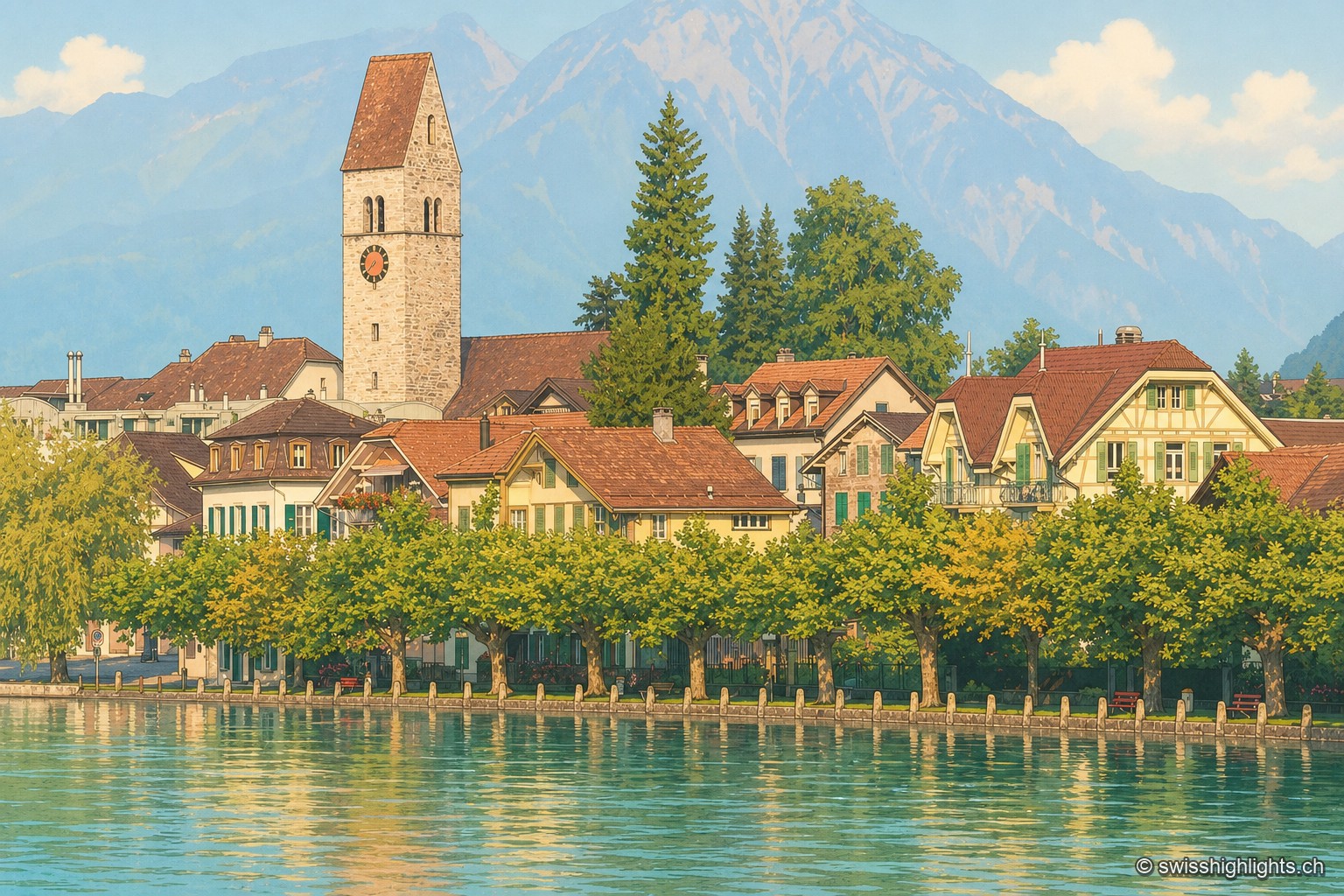 Les maisons d'Unterseen bordent la rivière sous des arbres aux teintes automnales, avec le clocher de l'église et une montagne se détachant à l'arrière-plan.