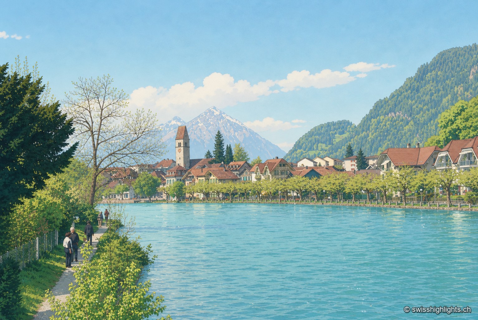 Une allée ombragée longe la rivière d'Unterseen, où des promeneurs cheminent entre les arbres, face à la vallée et son sommet enneigé qui ferme l'horizon.