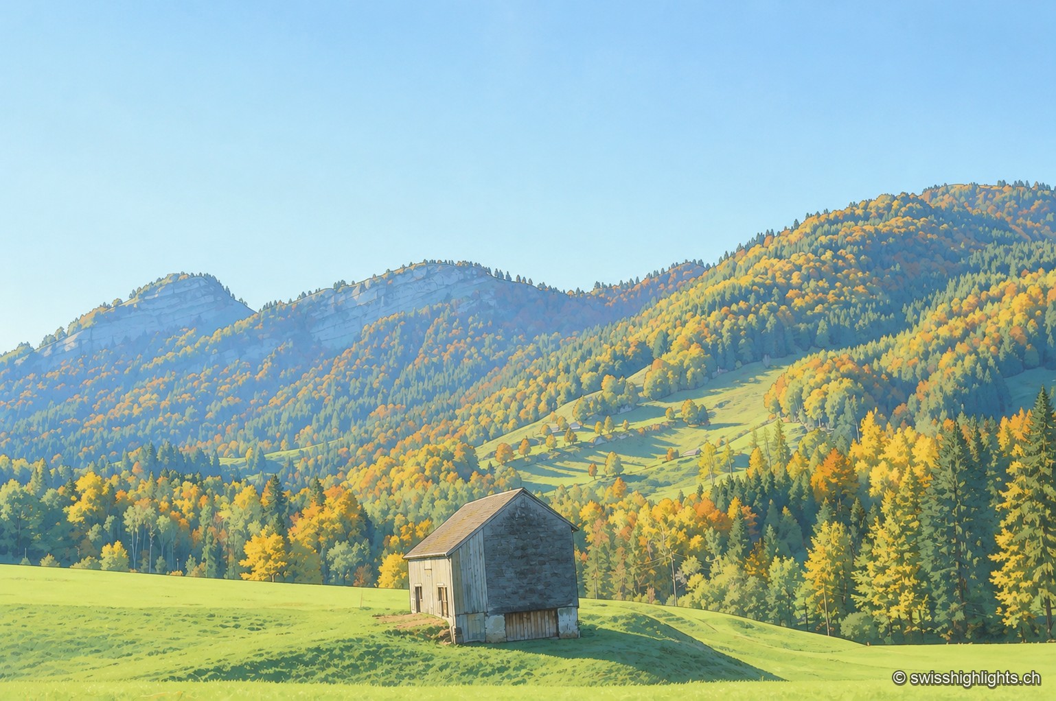 Une prairie en pente douce descend vers une grange isolée aux parois de bois grisé, entourée de coteaux boisés aux couleurs d'automne sous un ciel bleu dégagé.