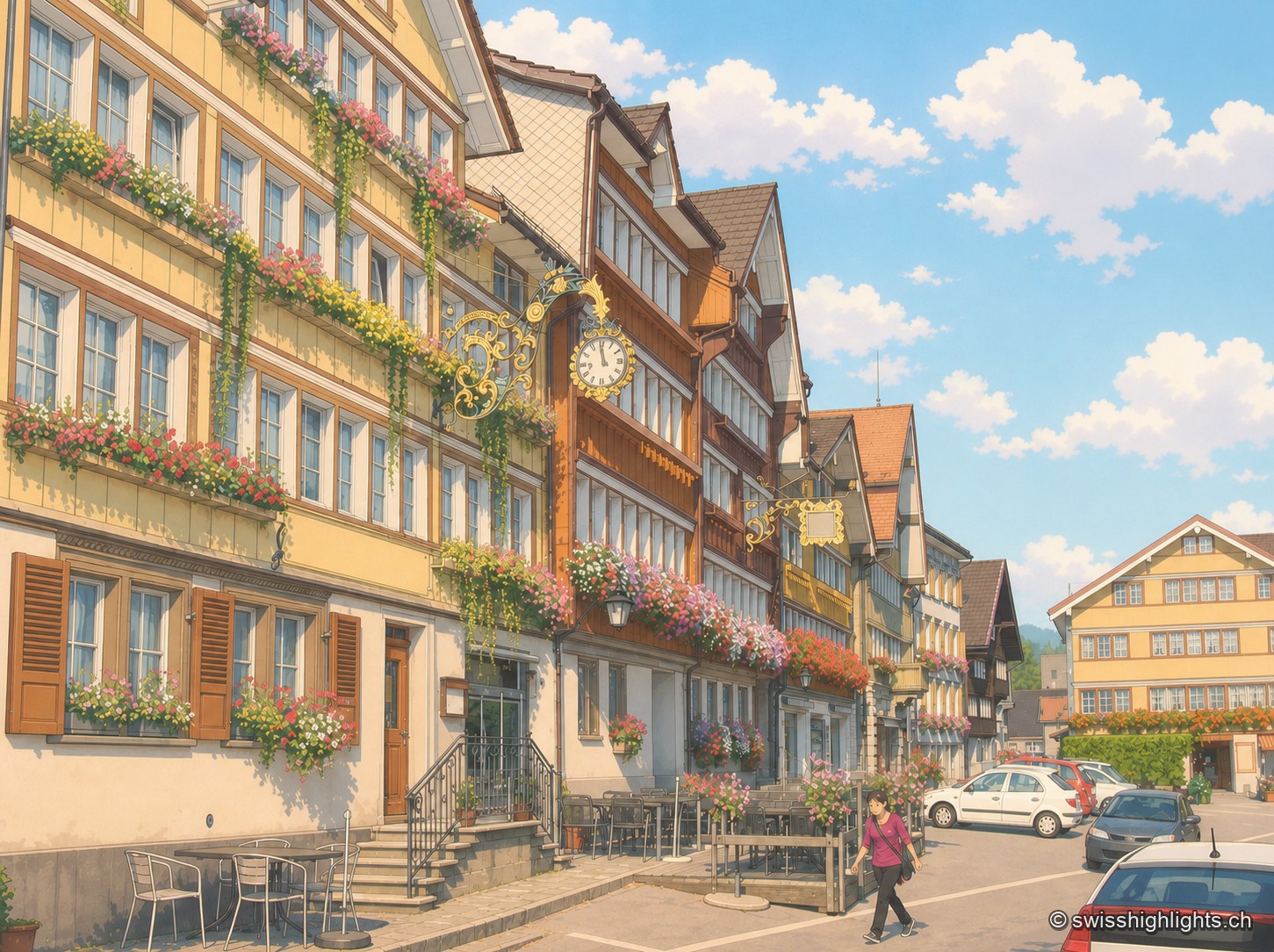Une rue du village bordée de façades appenzelloises ocre et jaunes, décorées de jardinières fleuries aux fenêtres et balcons ; une horloge orne l'une des façades, un passant longe les vitrines et des voitures sont garées le long de la chaussée, sous un ciel bleu à nuages blancs.