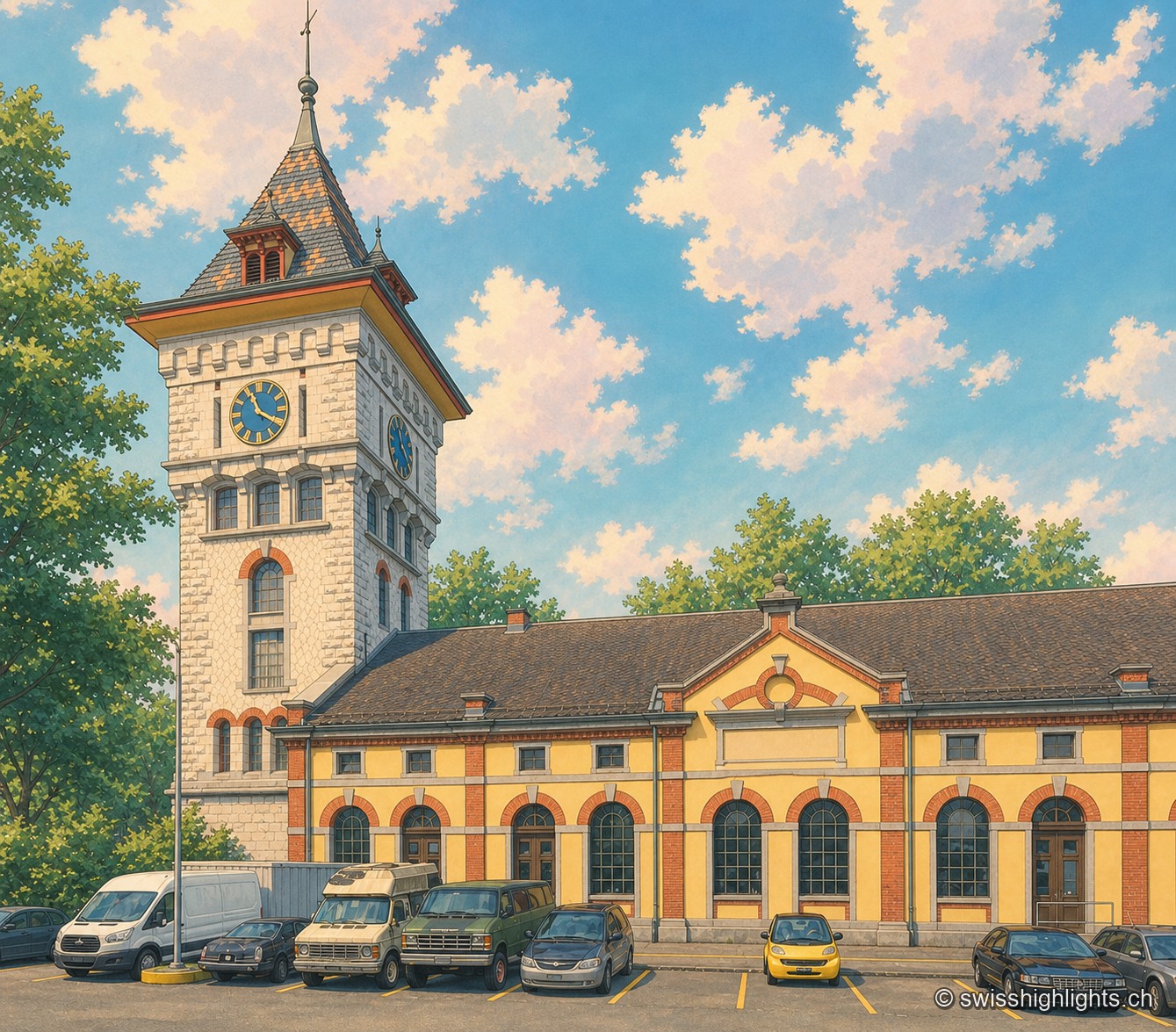 La tour de l'horloge de l'ancienne centrale électrique du Gaswerk Schlieren, bâtie en pierre claire avec un toit conique à losanges orange et gris et deux cadrans visibles, domine la halle jaune et brique de la Kraftcentrale voisine ; le ciel est bleu, chargé de gros nuages blancs, et quelques voitures stationnent devant le bâtiment.