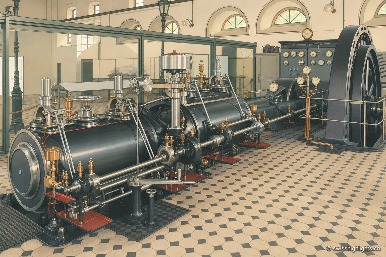 À l'intérieur de la centrale, une longue machine à vapeur noire aux volants et pièces de laiton s'aligne sur un sol en damier, sous une verrière et des fenêtres en plein cintre qui laissent entrer la lumière ; un tableau de cadrans est fixé au mur du fond.
