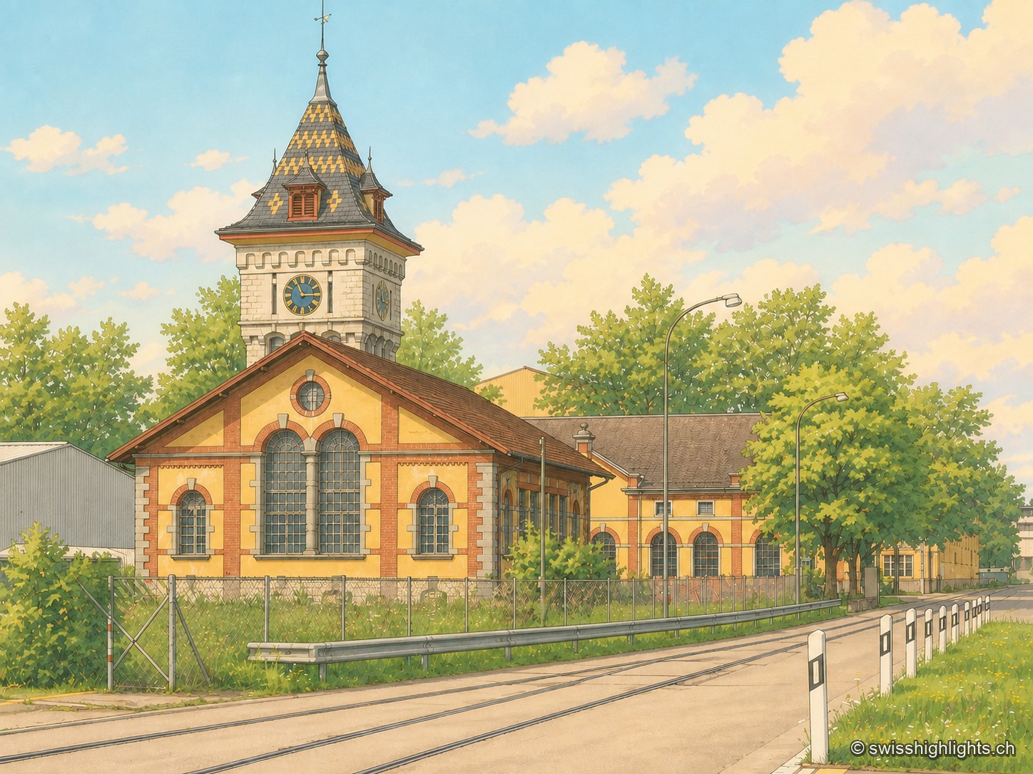 La tour de l'horloge et la halle ocre et brique du Gaswerk Schlieren vues depuis la route, bordée de bollards blancs et d'arbres ; le toit conique à motifs losangés se détache sur un ciel strié de nuages roses et dorés.