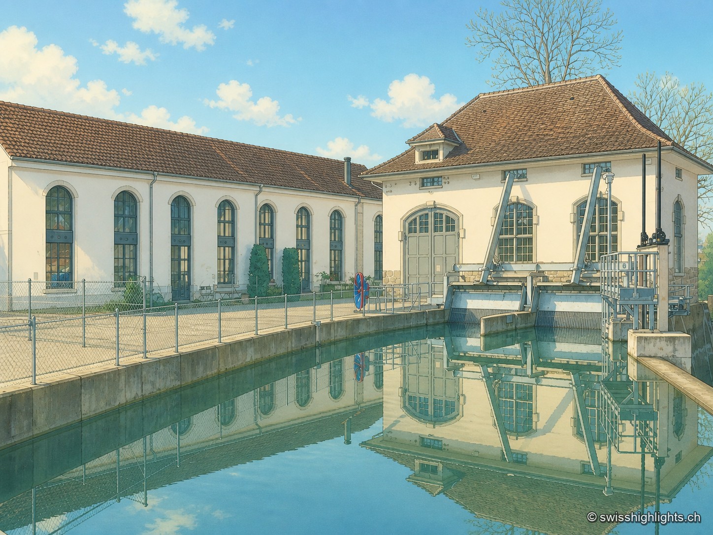 Le bâtiment industriel de Lorzenweid, façade blanche à arcades de fenêtres et toit à croupe surmonté d'un petit clocheton, se reflète avec la maison des turbines voisine dans les eaux calmes du canal, sous un ciel bleu à nuages blancs.