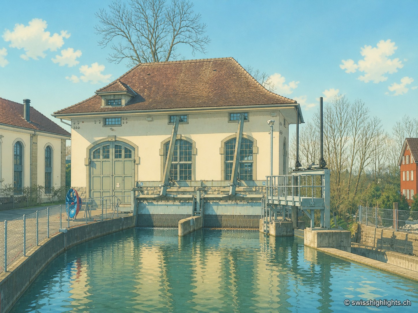La maison des turbines de Lorzenweid, façade blanche épaulée de jambes de force métalliques obliques, borde une vanne fermée sur le canal ; des arbres dénudés et une maison rouge se devinent à l'arrière-plan, le tout se reflétant dans l'eau calme.